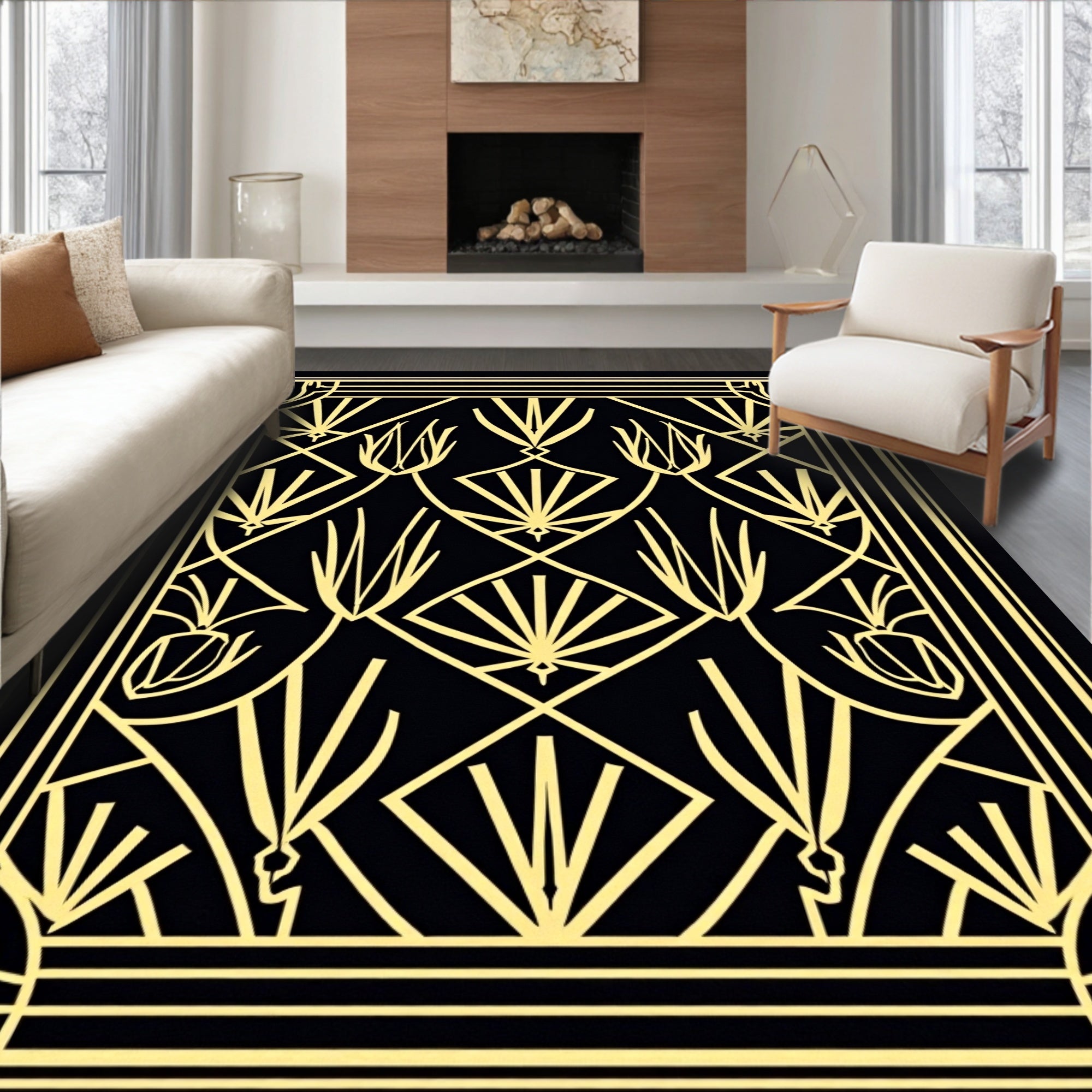 Art Deco Black Gold Geometric Pattern Rug