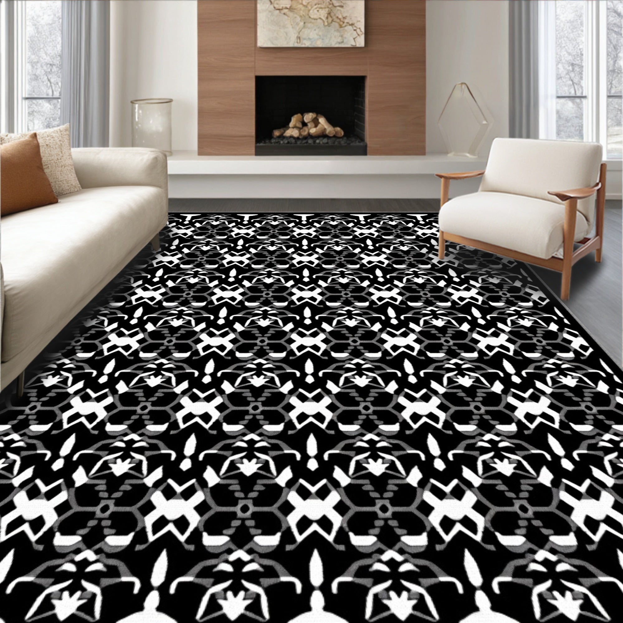 Intricate Black White Geometric Pattern Rug