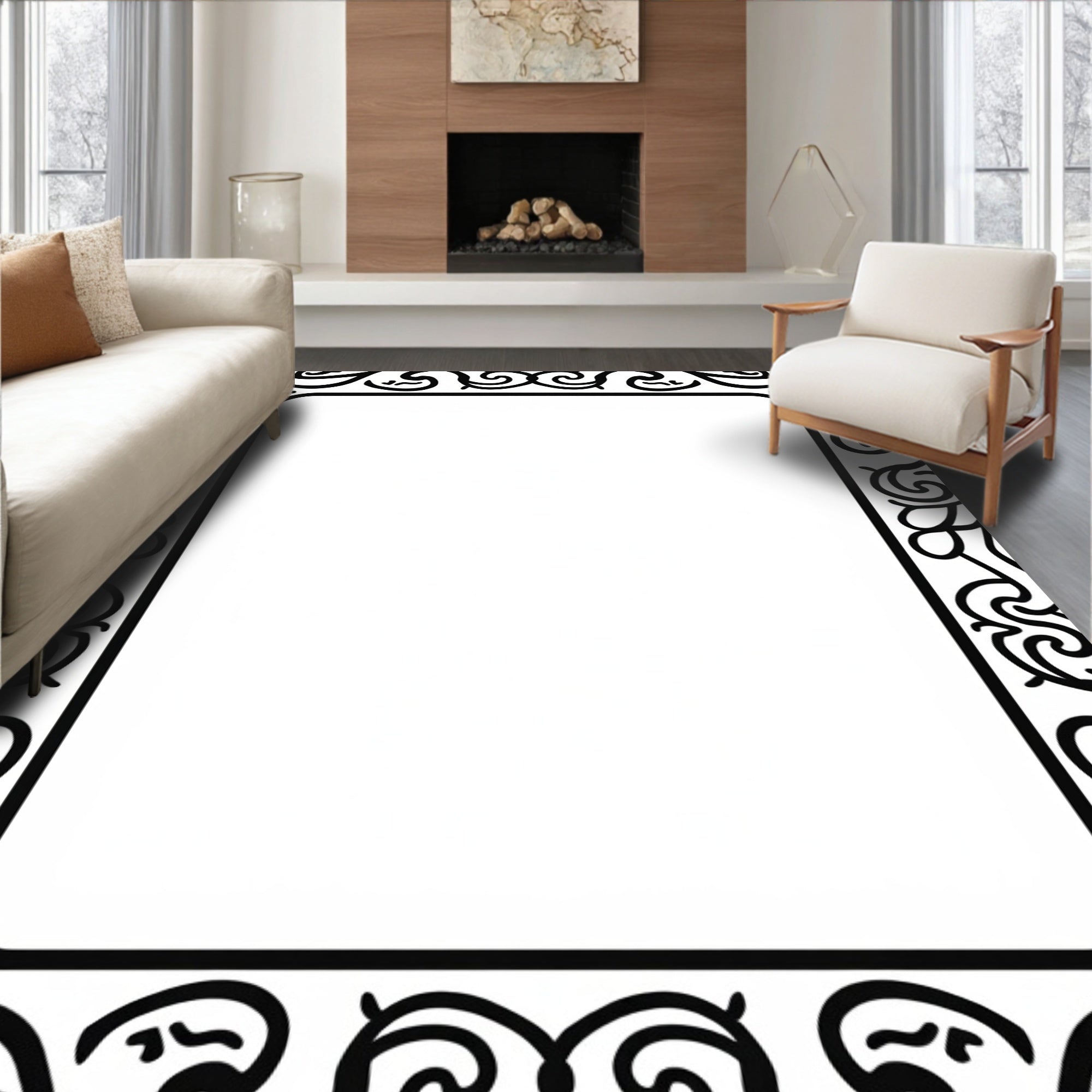 Elegant Black Scrollwork Border Rug