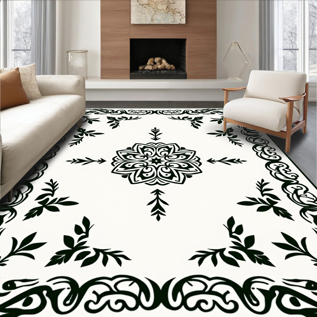 Ornate Black Leaf Motif Rug