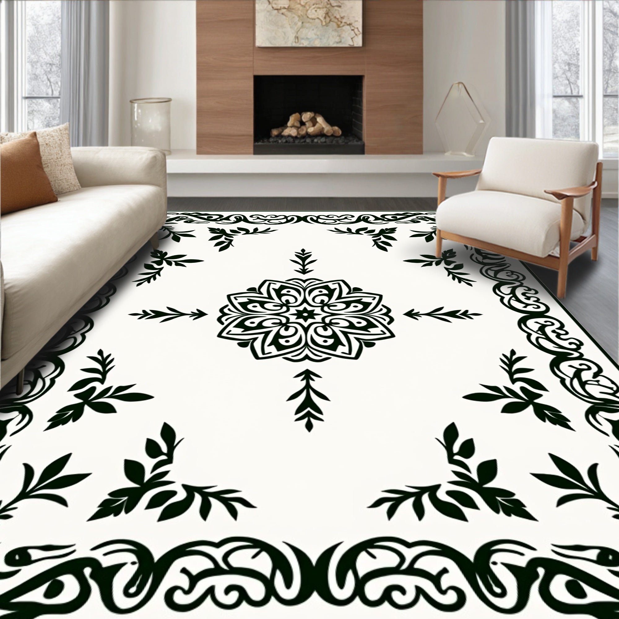 Ornate Black Leaf Motif Rug
