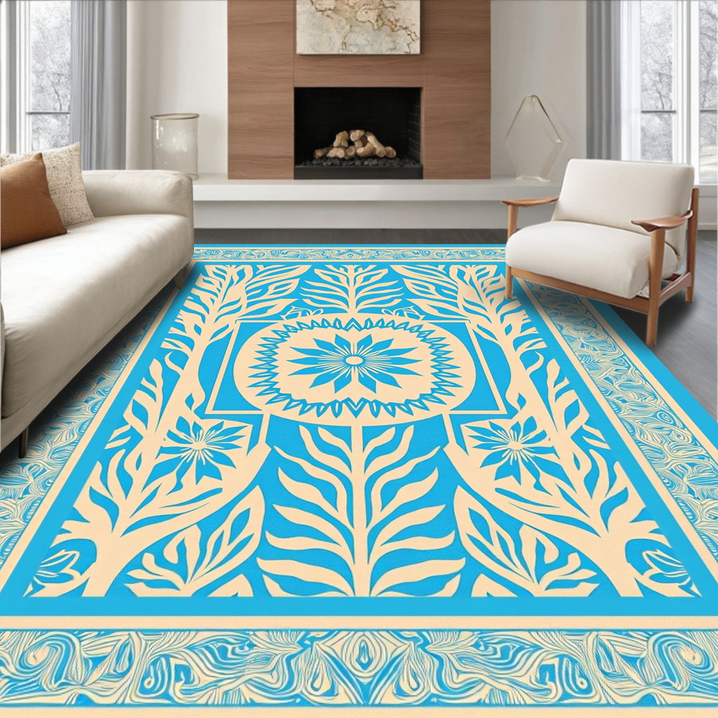 Blue and Beige Floral Symmetry Rug
