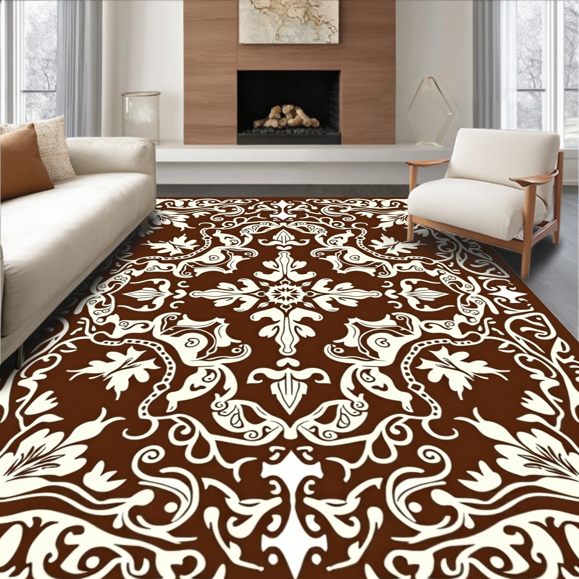Ornate Floral Damask Scrollwork Design Rug