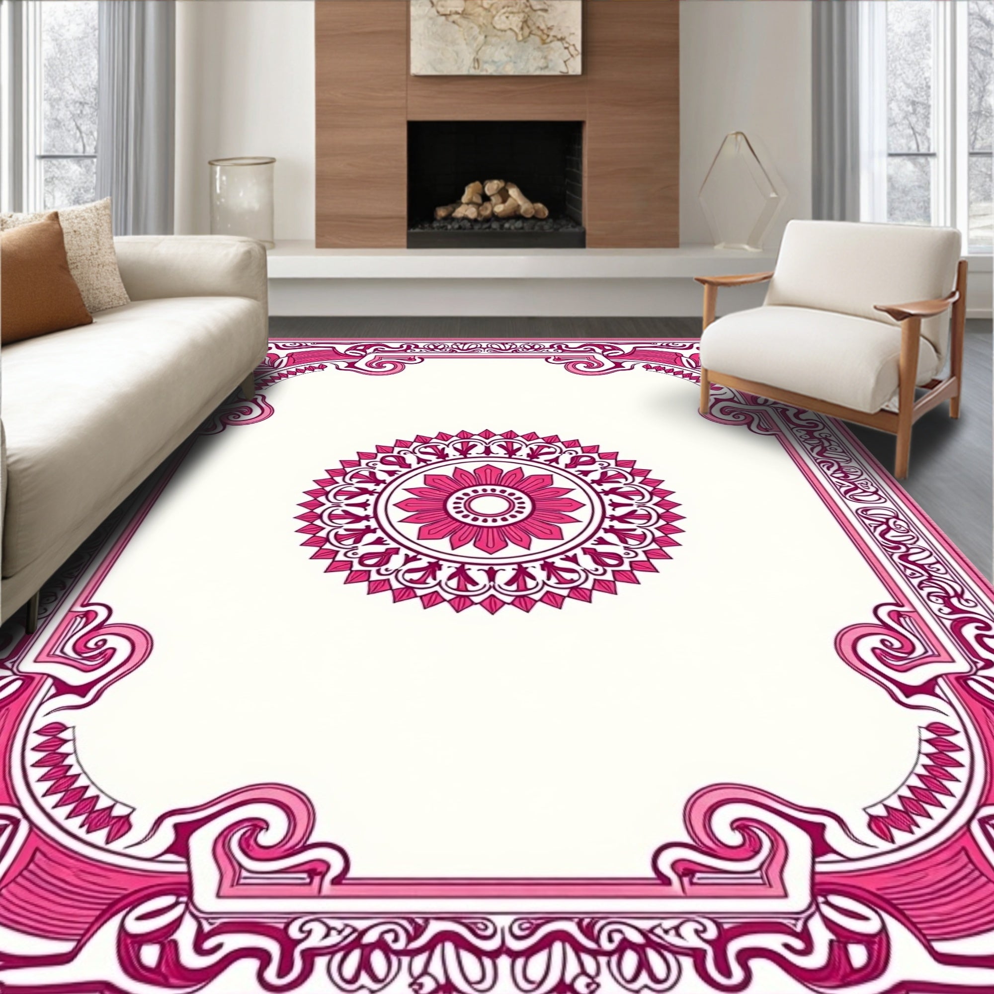 Ornate Pink Mandala Floral Border Rug