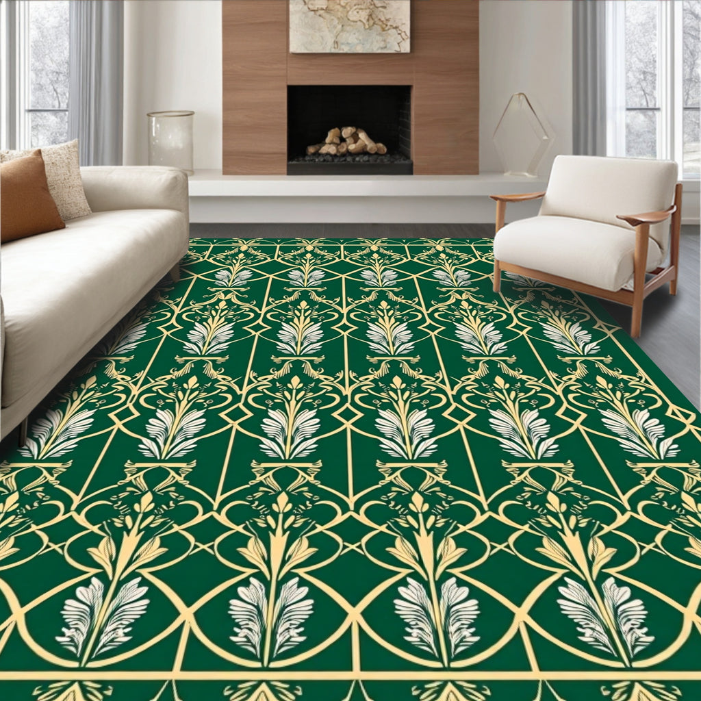 Green Gold Art Deco Floral Pattern Rug