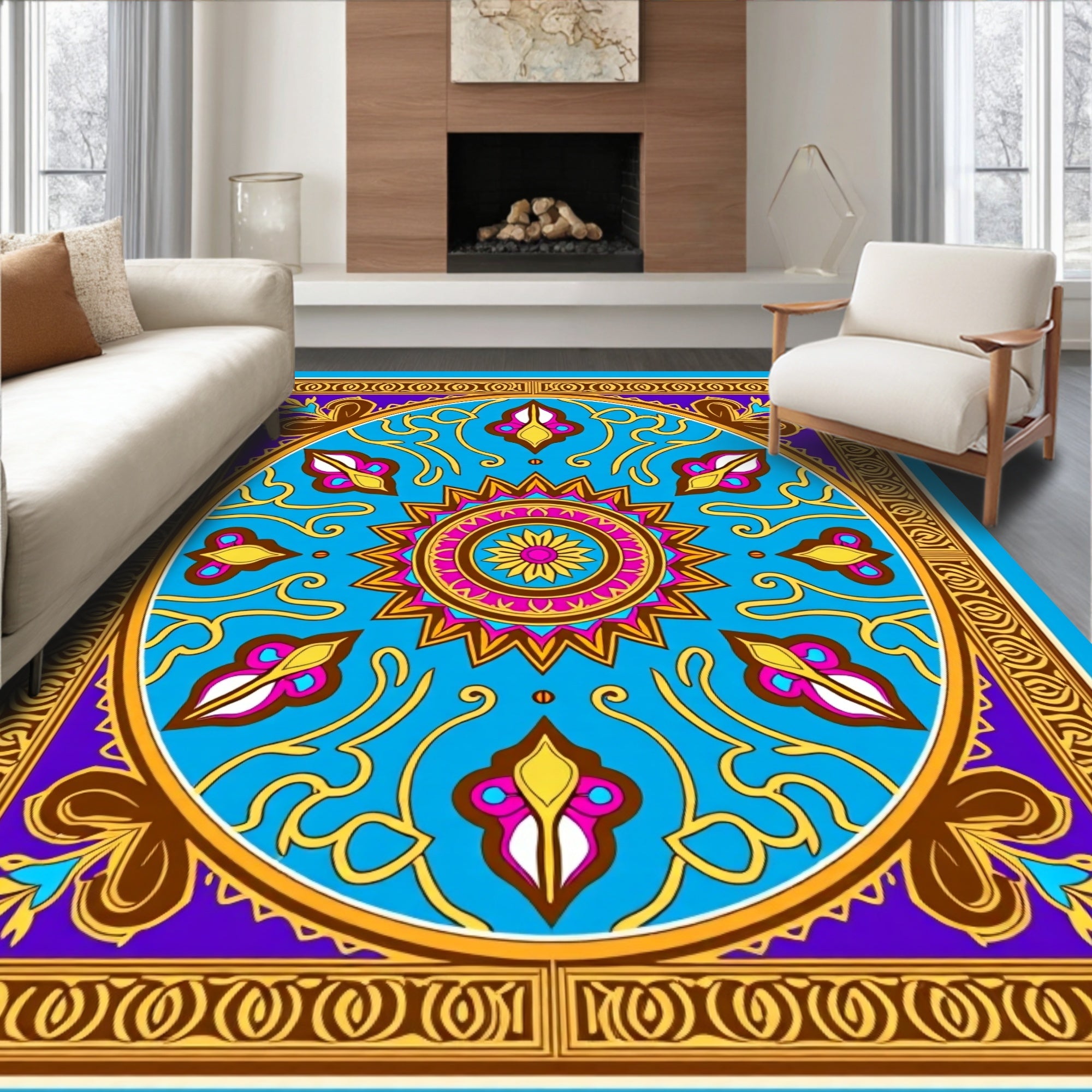 Vibrant Floral Medallion Geometric Design Rich Rug
