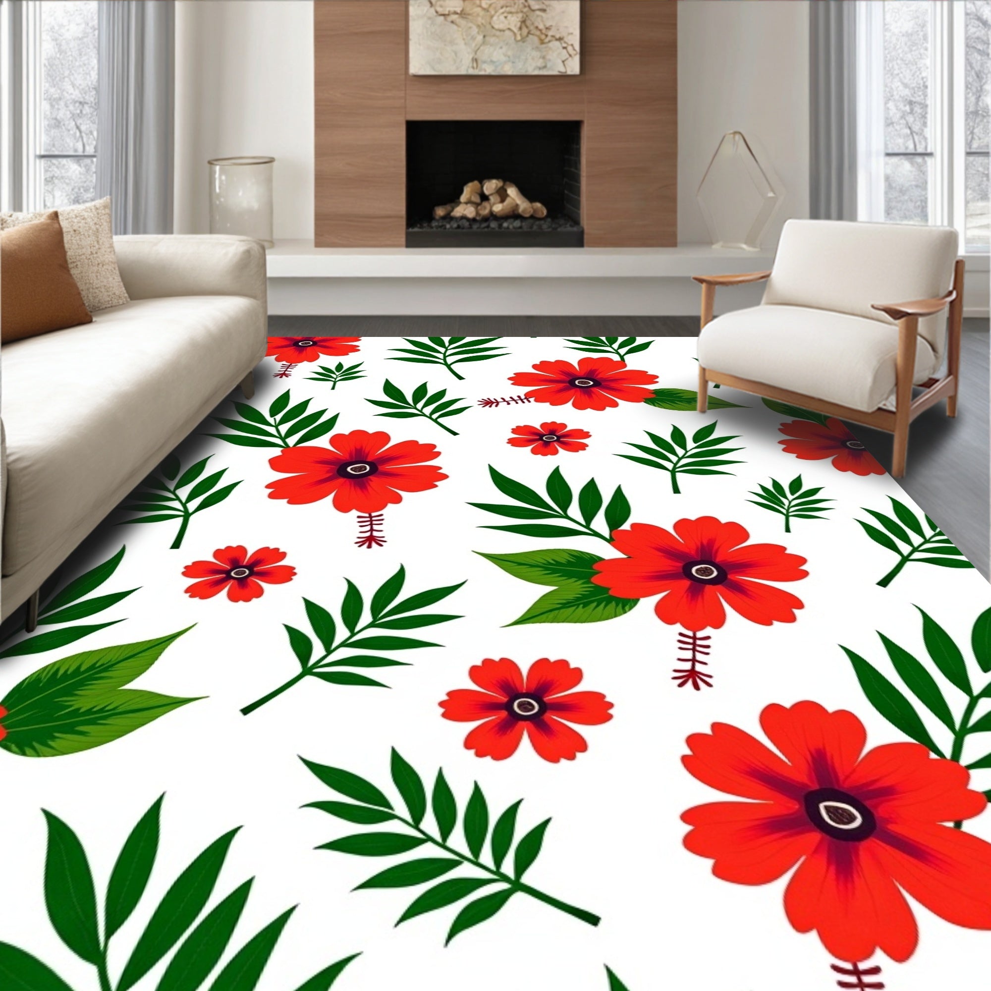 Vibrant Red Floral Botanical Pattern Rug