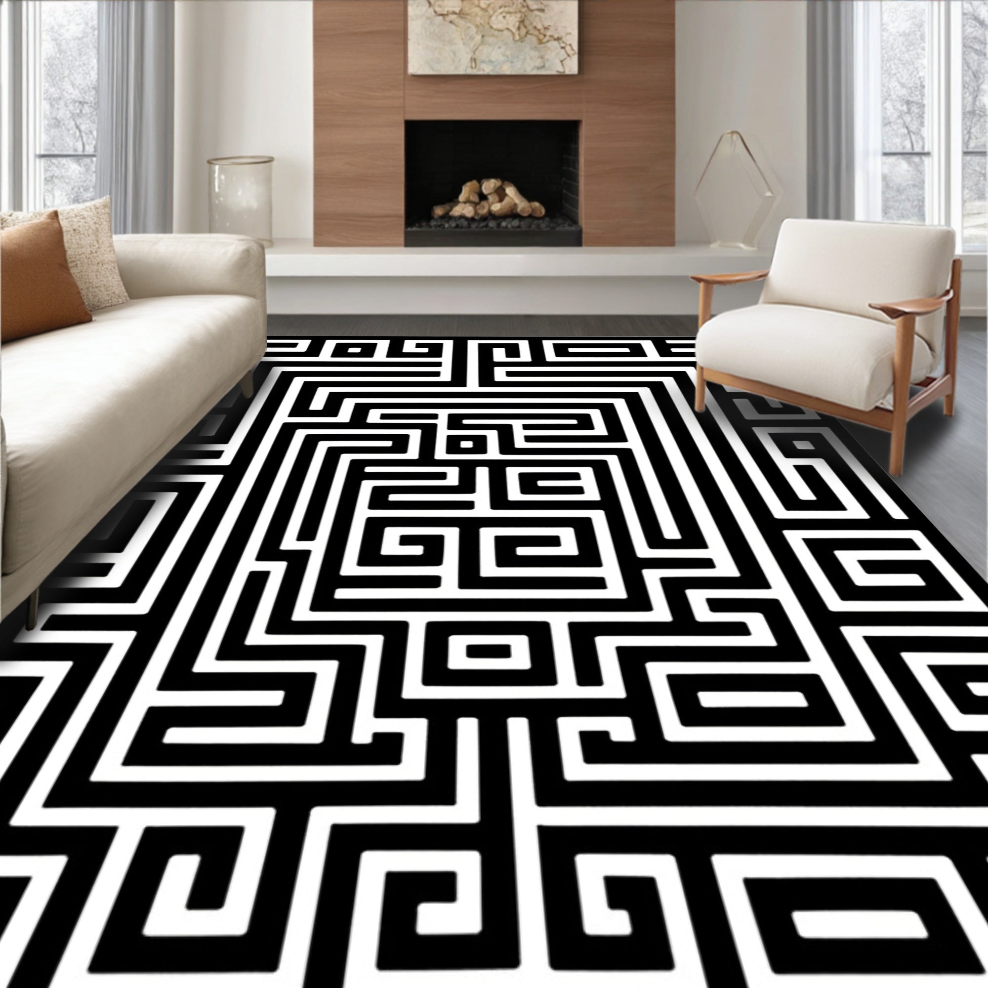 Black White Geometric Maze Pattern Rug
