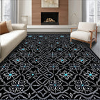 Black White Teal Floral Lattice Rug