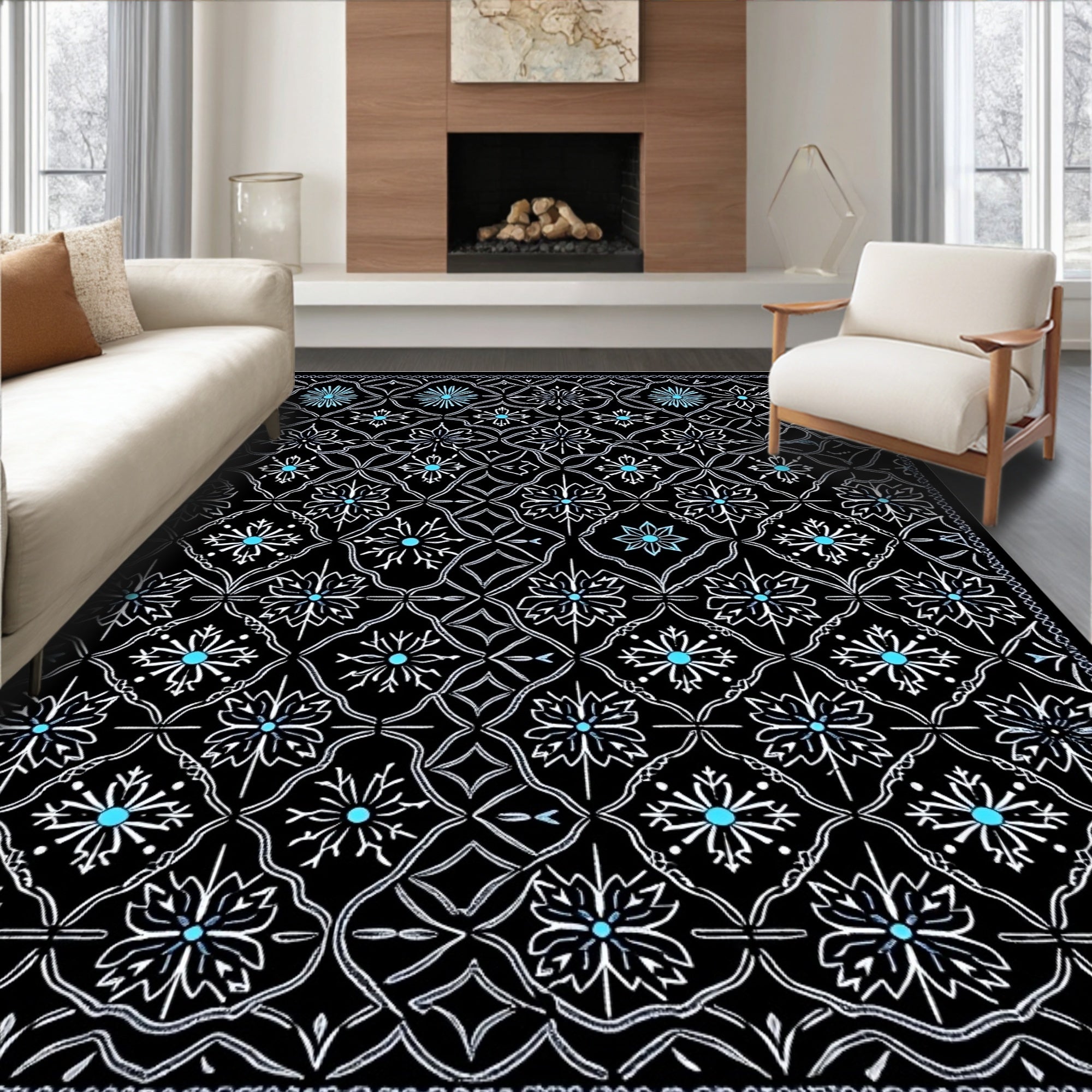 Black White Teal Floral Lattice Rug