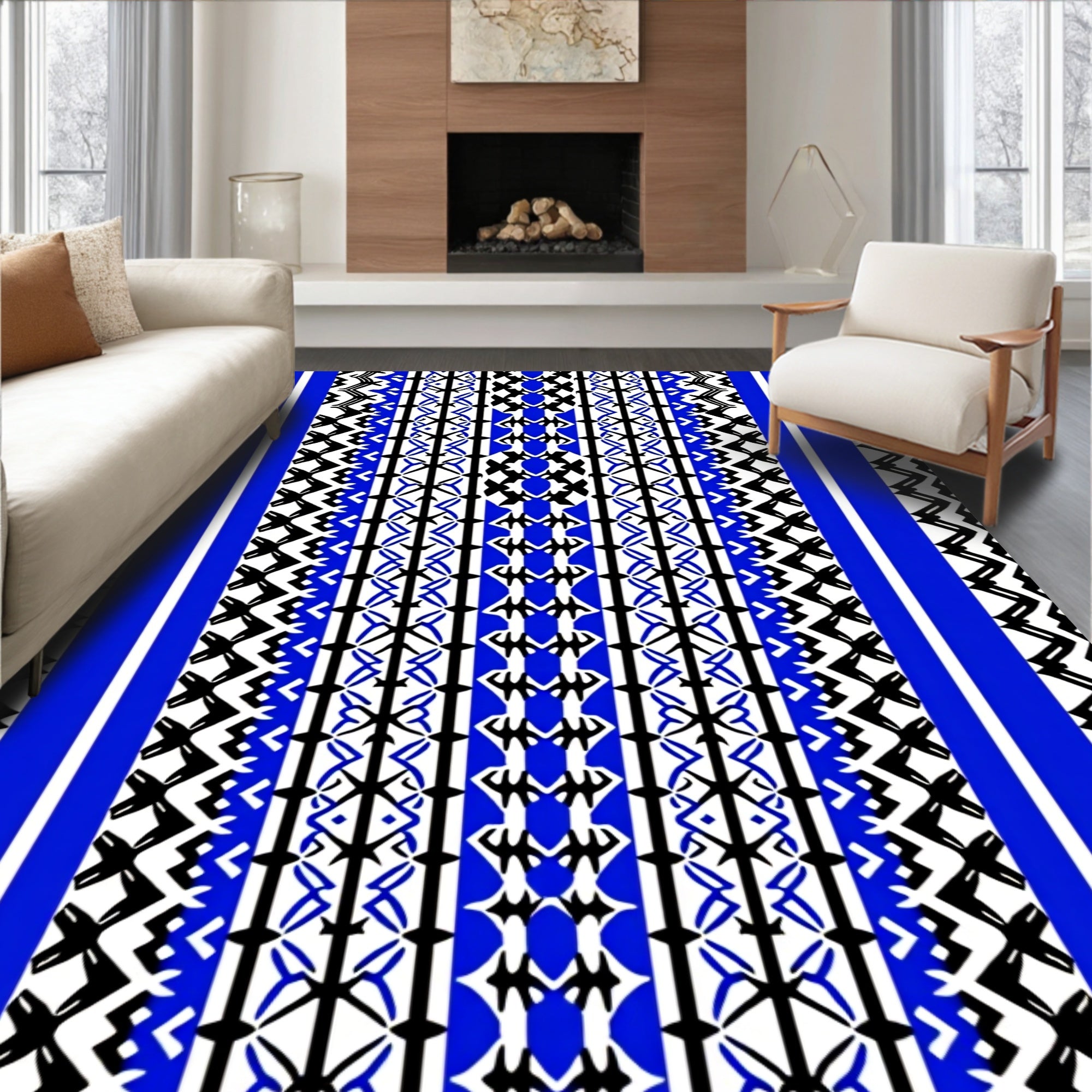 Bold Blue Geometric Tribal Pattern Rug