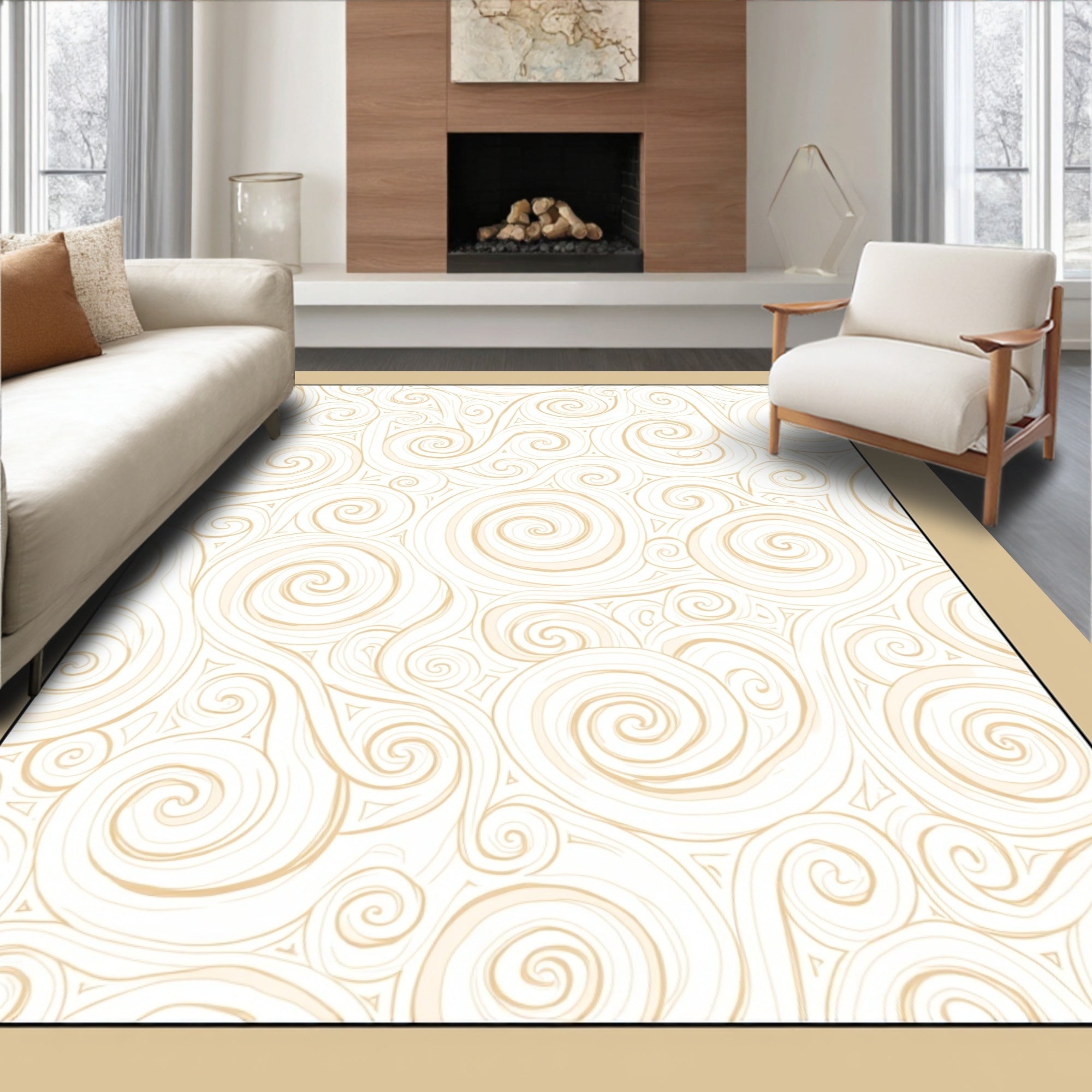 Cream Swirls Tangential Triangles Rug