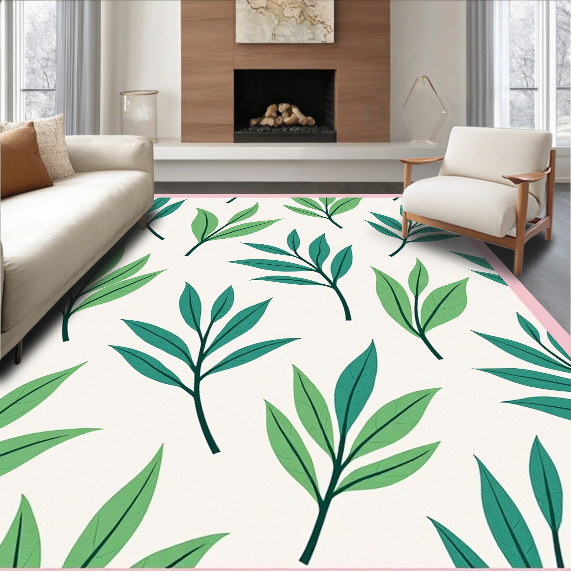 Green Leaf Pattern Print Rug