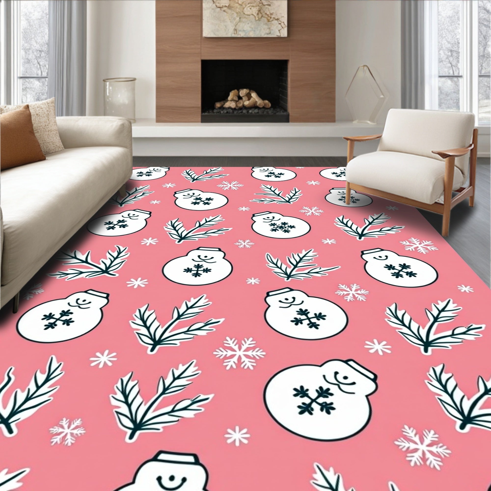 Winter Snowman Branch Coral Backdrop Rug