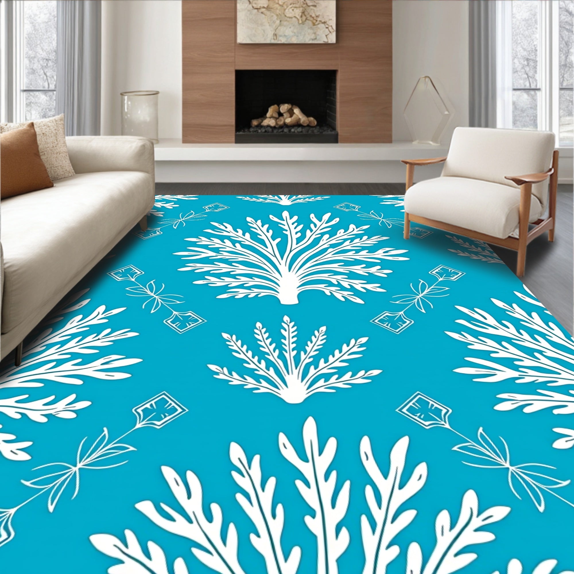 White Floral Patterned Teal Rug
