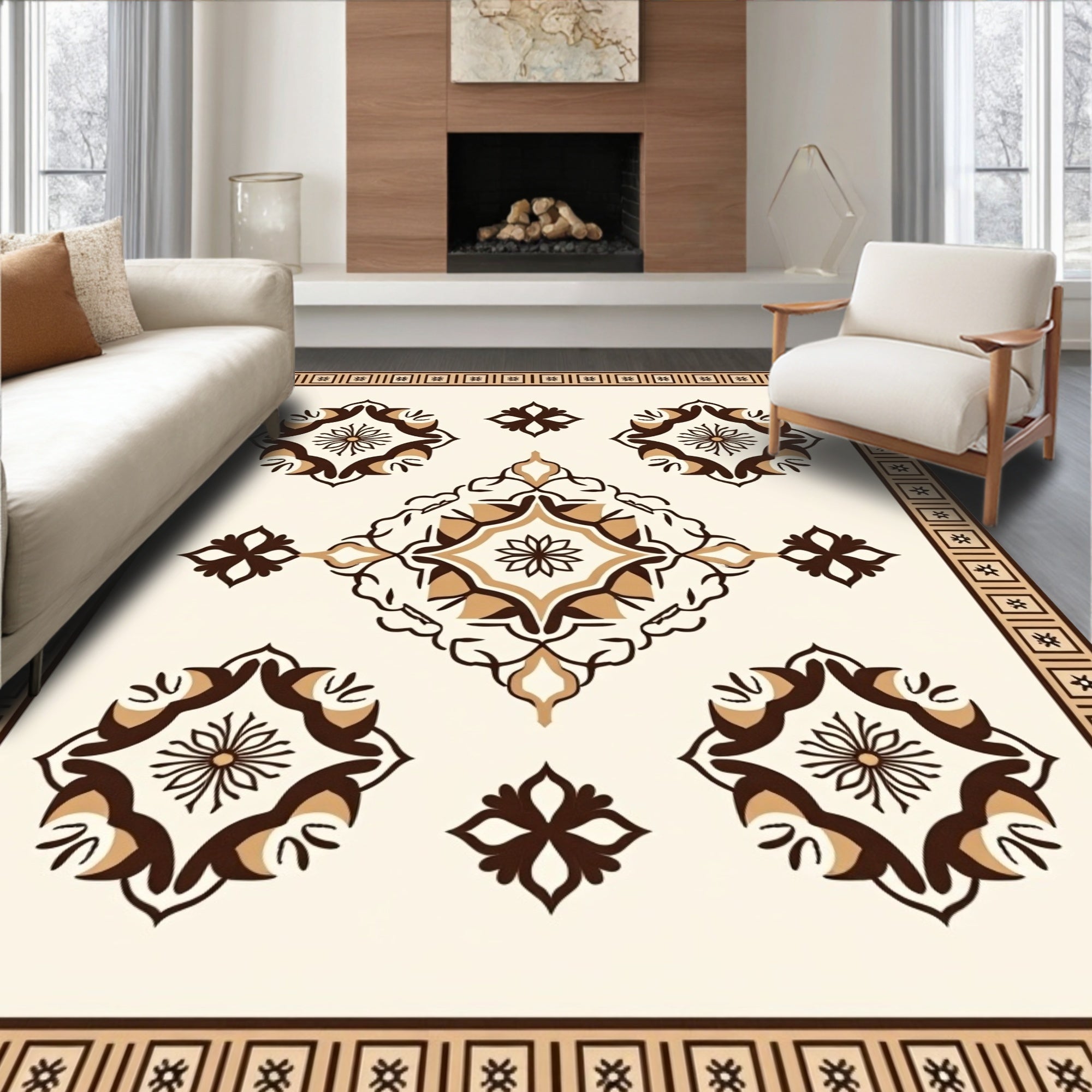 Elegant Tan and Brown Floral Pattern Rug