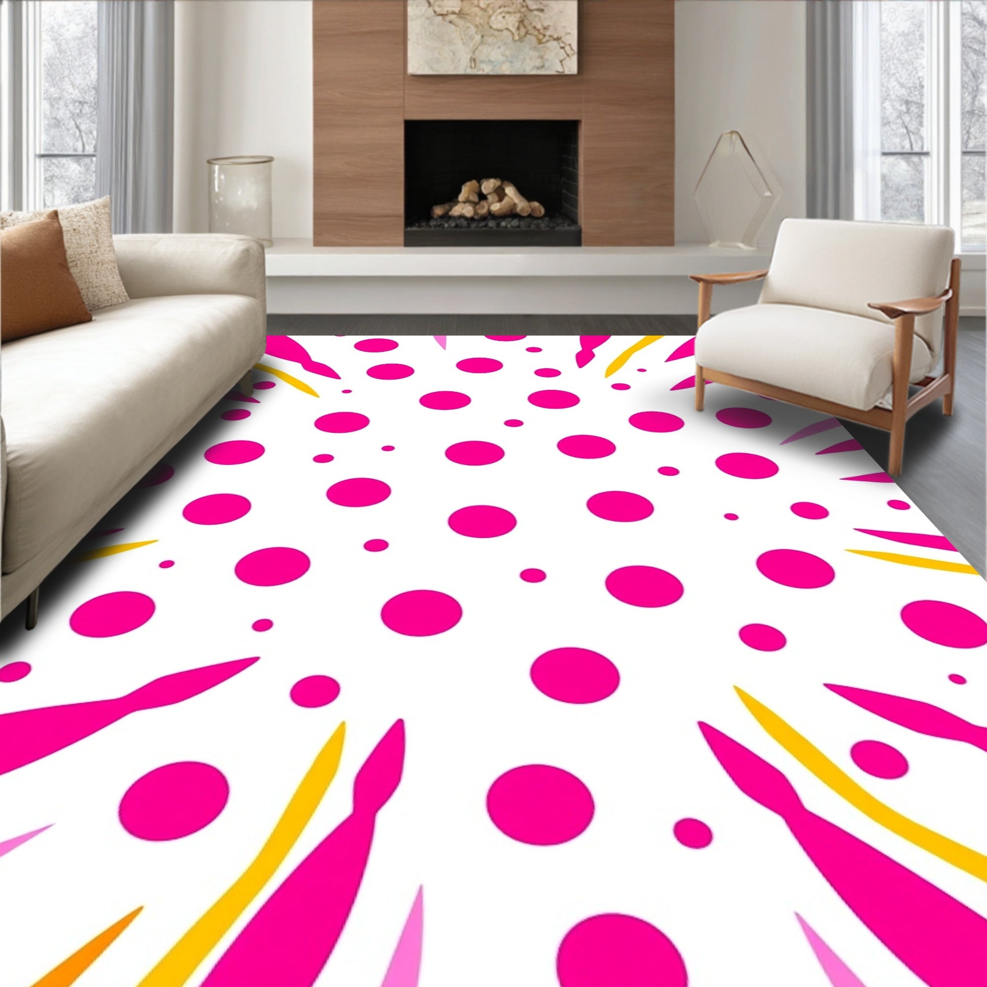 Vibrant Pink Yellow Geometric Dot Burst Rug