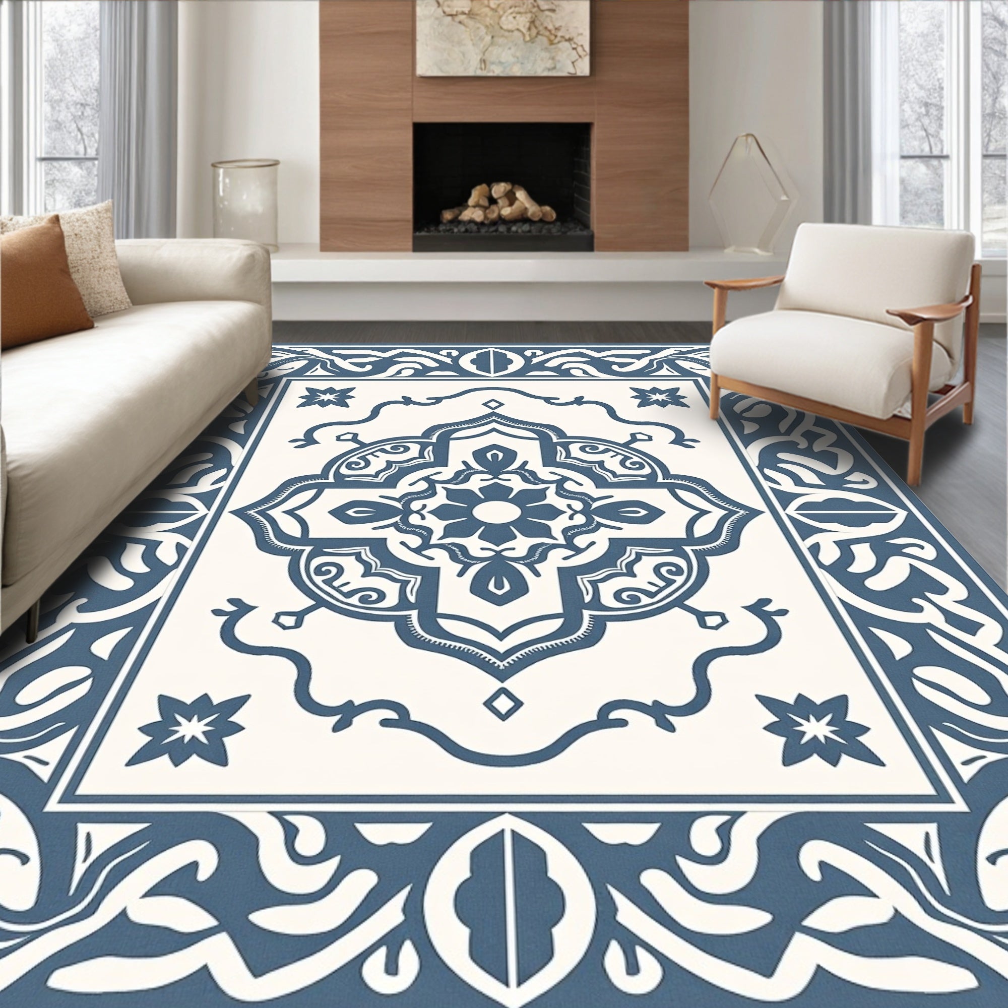 Ornate Blue Ivory Classic Medallion Rug