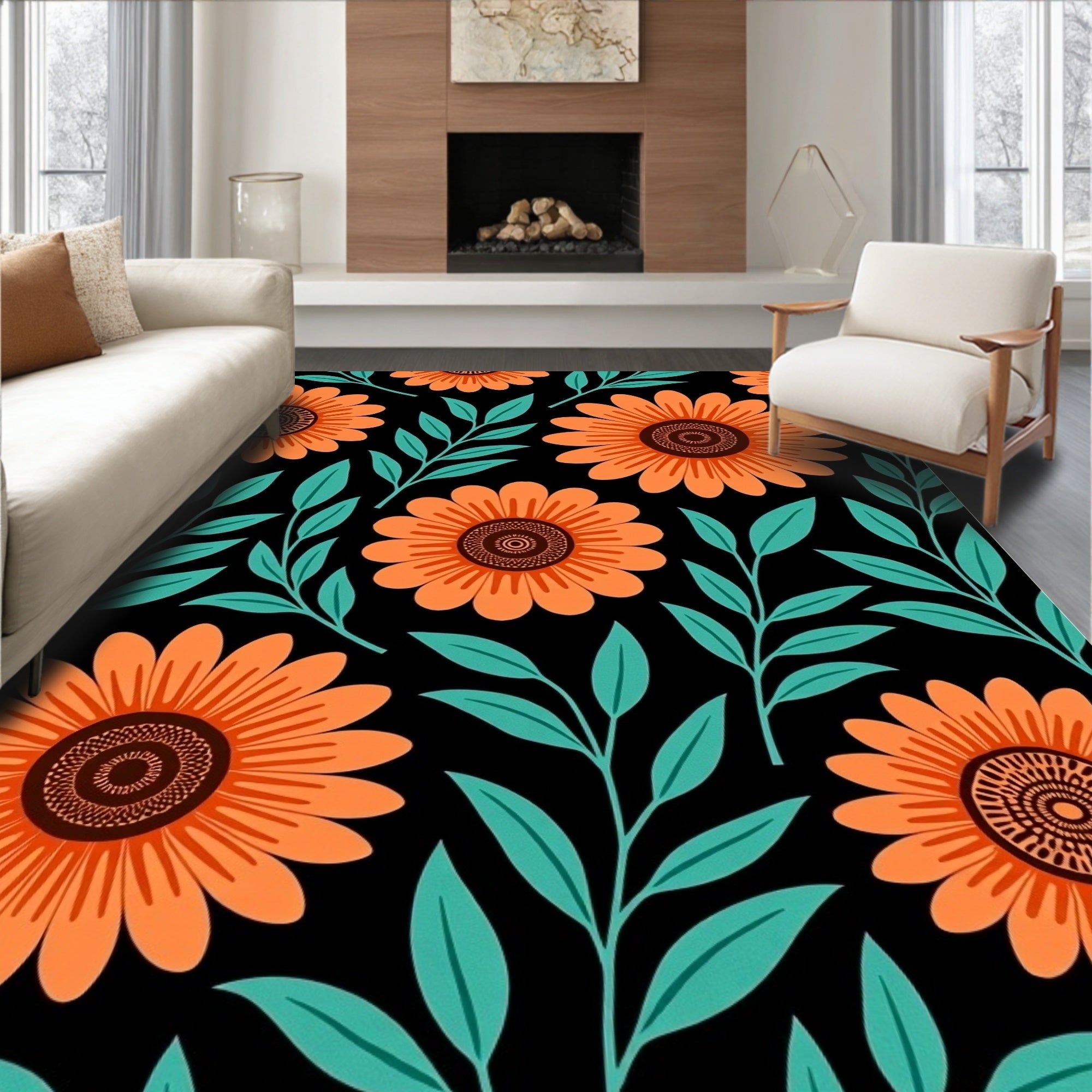 Orange Floral Stylized Pattern Rug