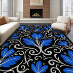 Elegant Blue Leaf Scroll Pattern Rug