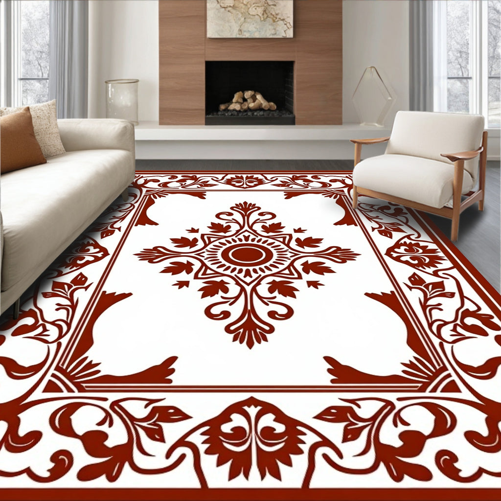 Traditional Red Floral Scroll Pattern Rug