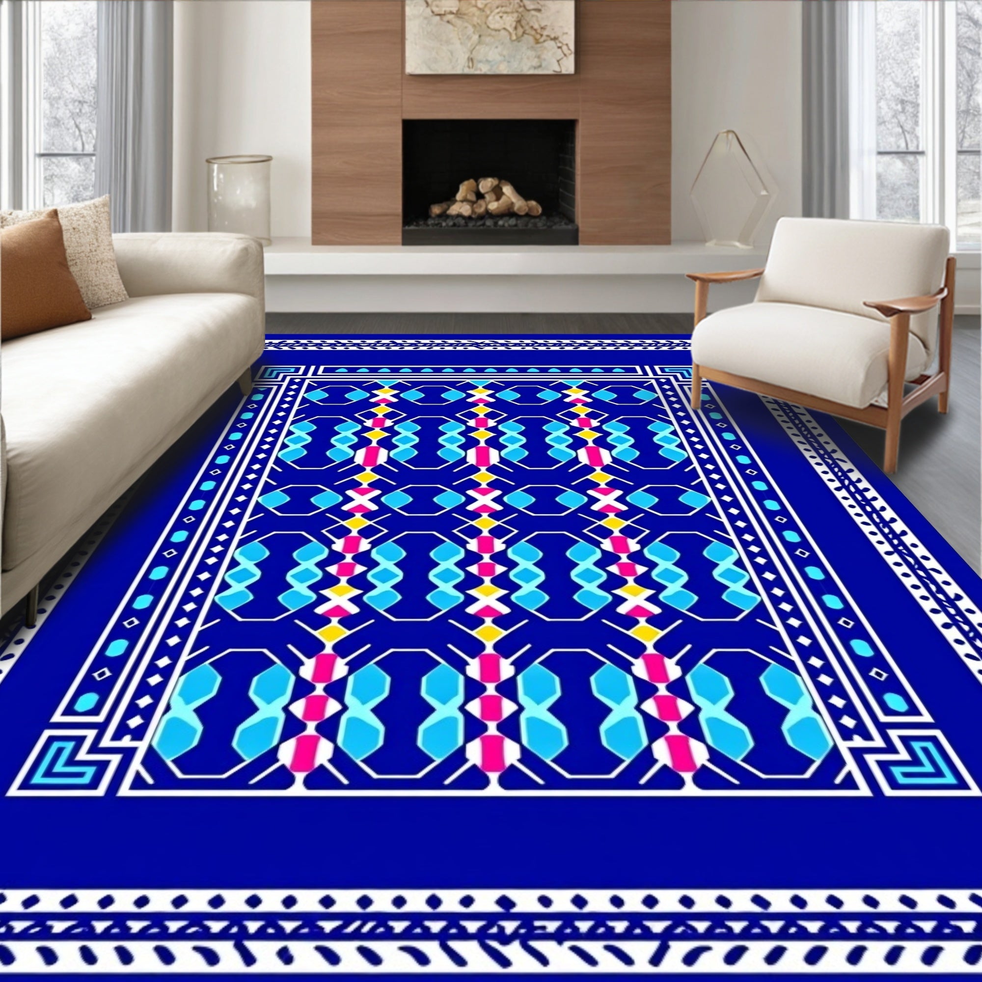 Vibrant Blue Geometric Pattern Rug