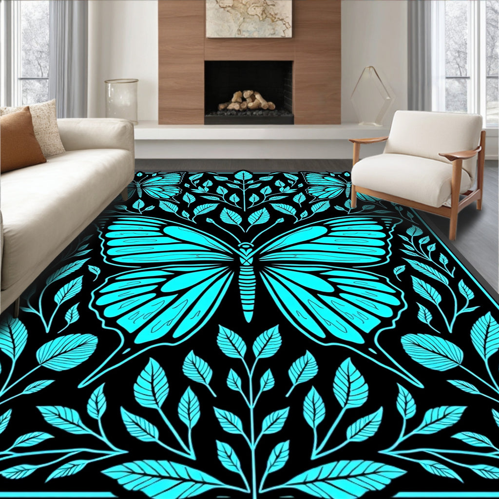 Cyan Butterfly Leaf Patterned Rug