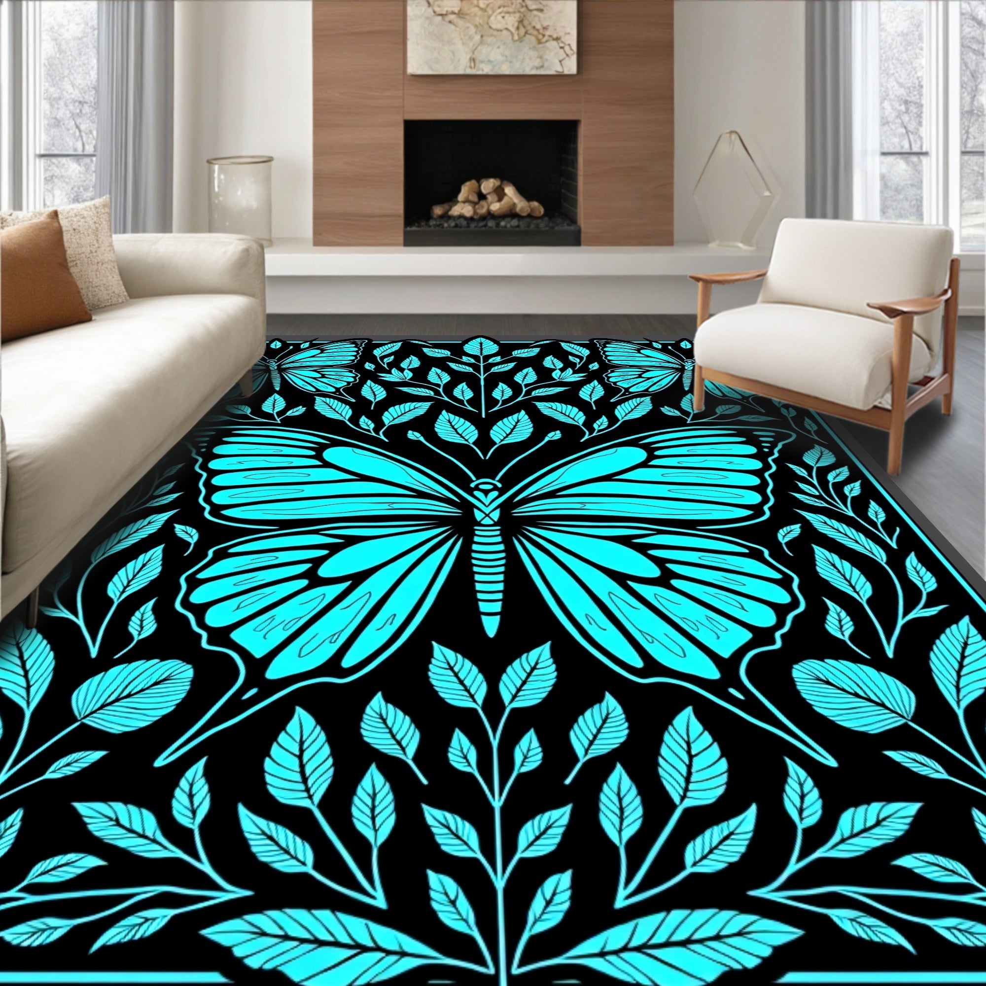 Cyan Butterfly Leaf Patterned Rug