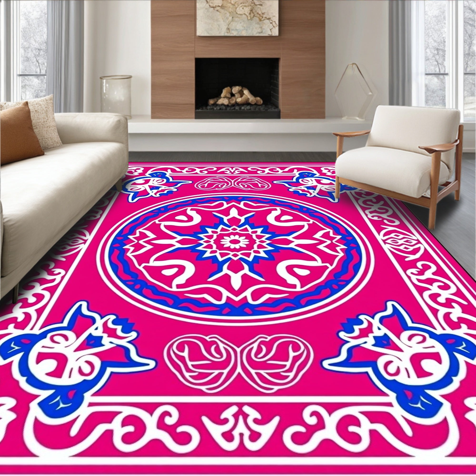 Vibrant Pink Blue Floral Medallion Rug