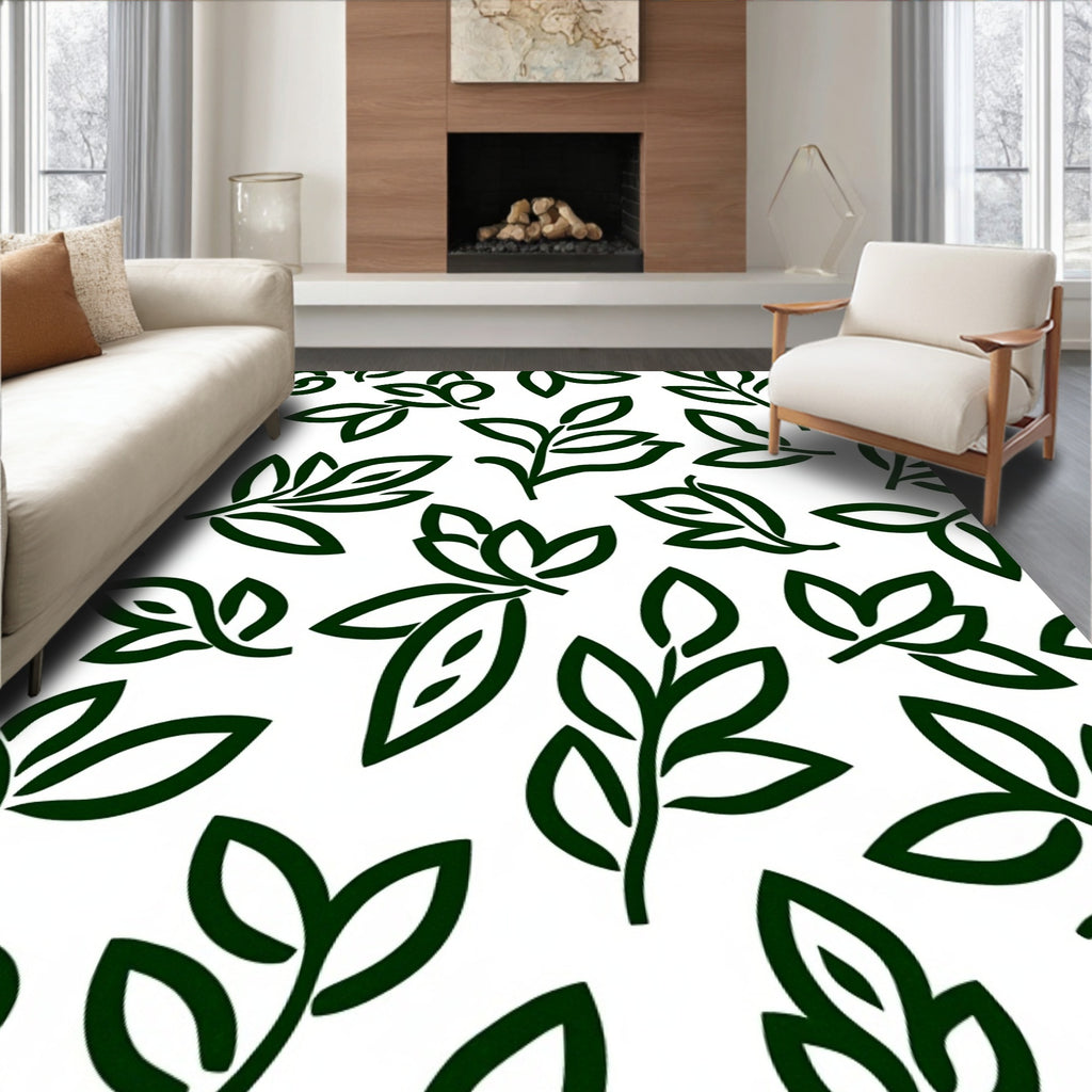 Stylized Dark Green Leaf Pattern Rug