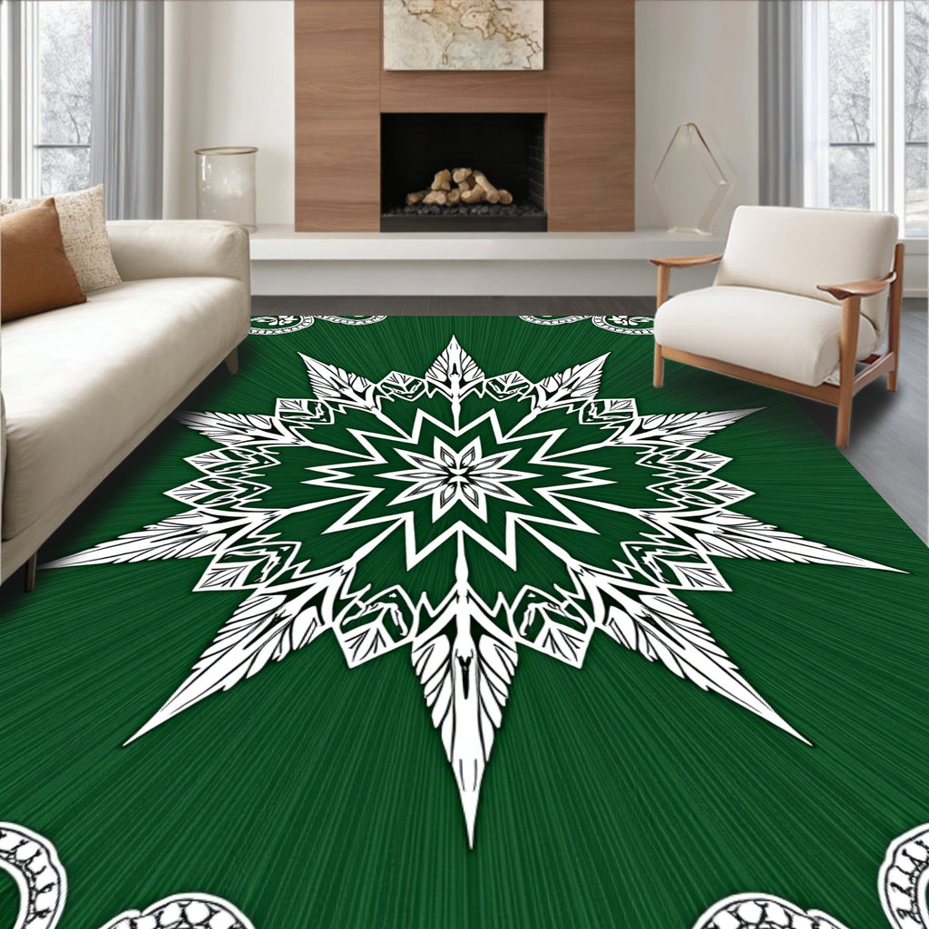 Emerald Green White Starburst Mandala Rug