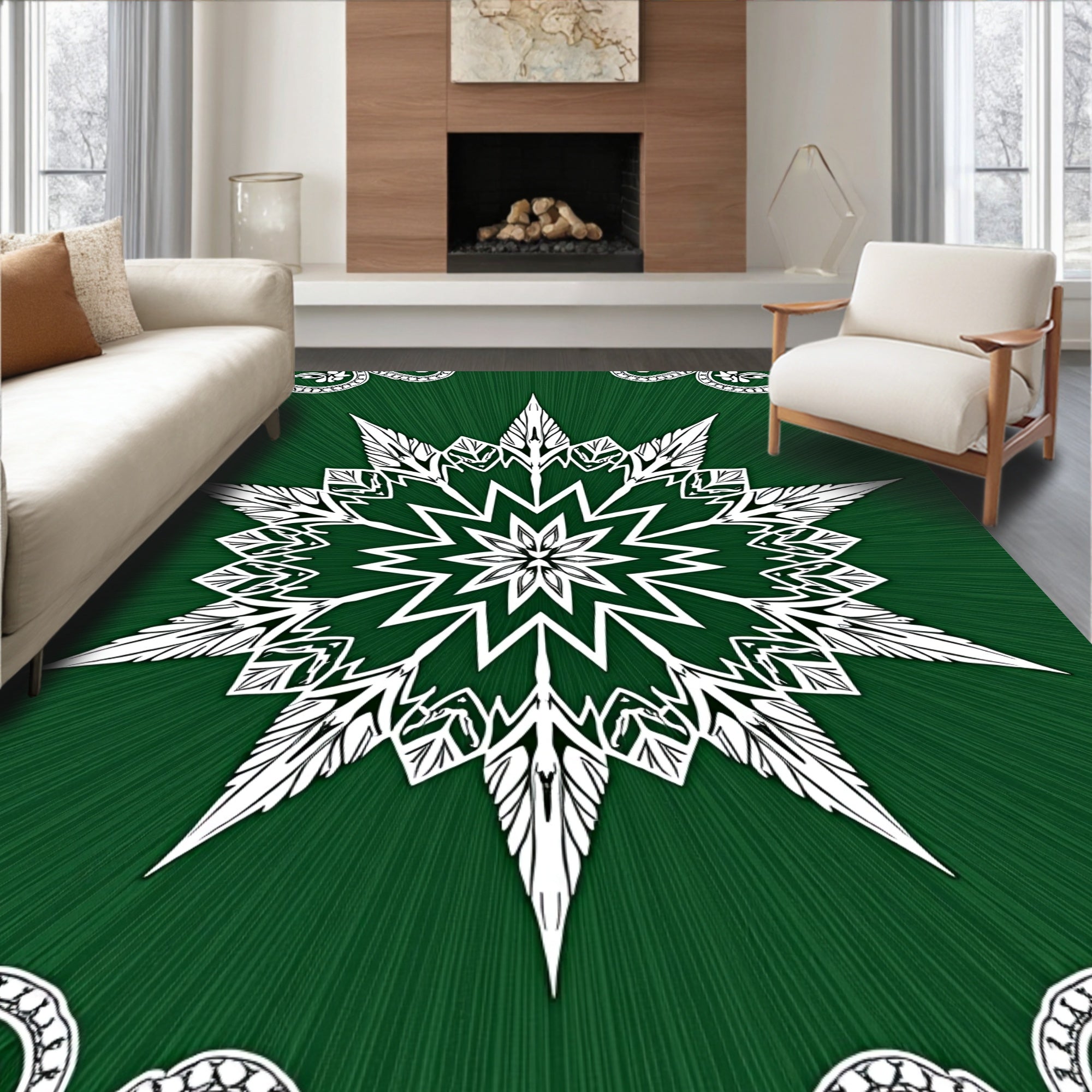 Emerald Green White Starburst Mandala Rug