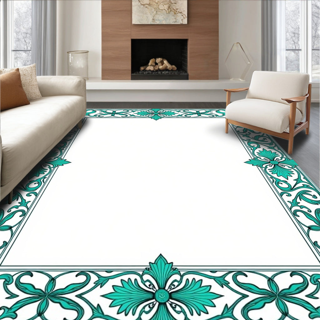 Teal Scrollwork Floral Elegant Border Rug