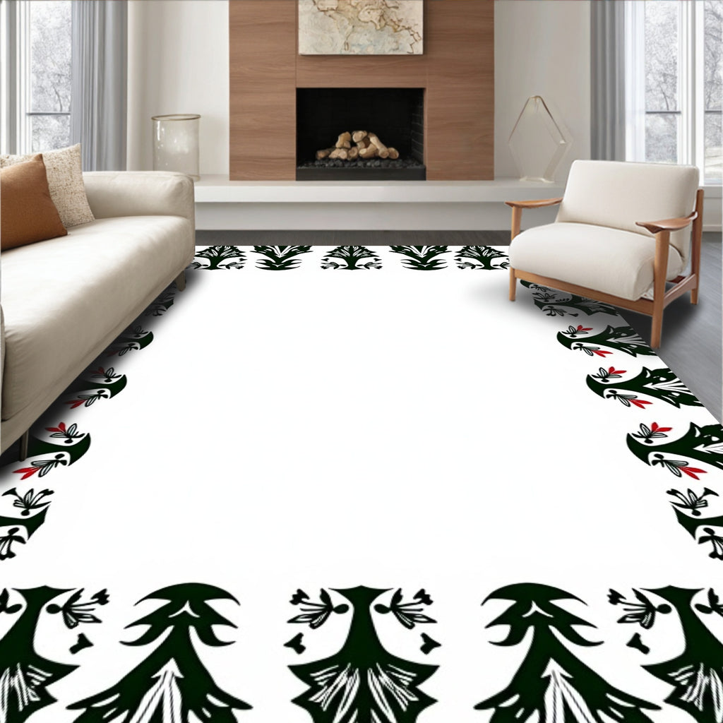 Black White Red Floral Border Rug