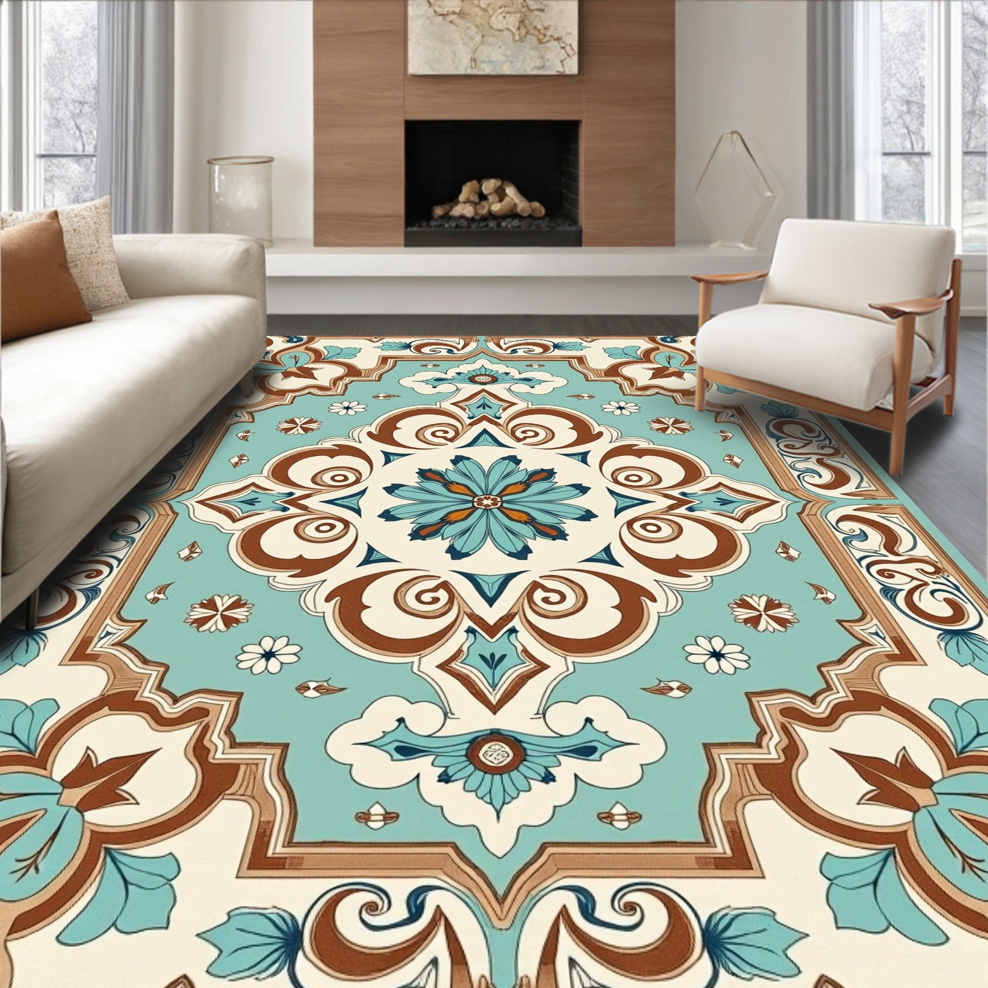 Ornate Floral Medallion Teal Brown Rug
