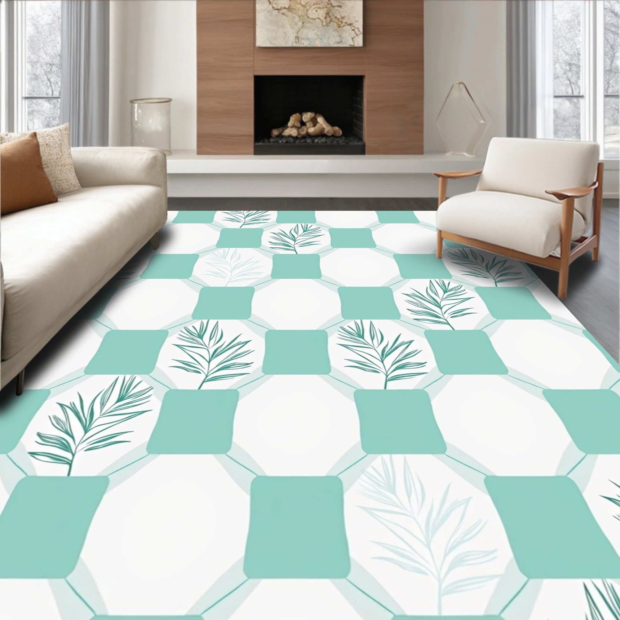 Teal Leaf Geometric Grid Pattern Rug