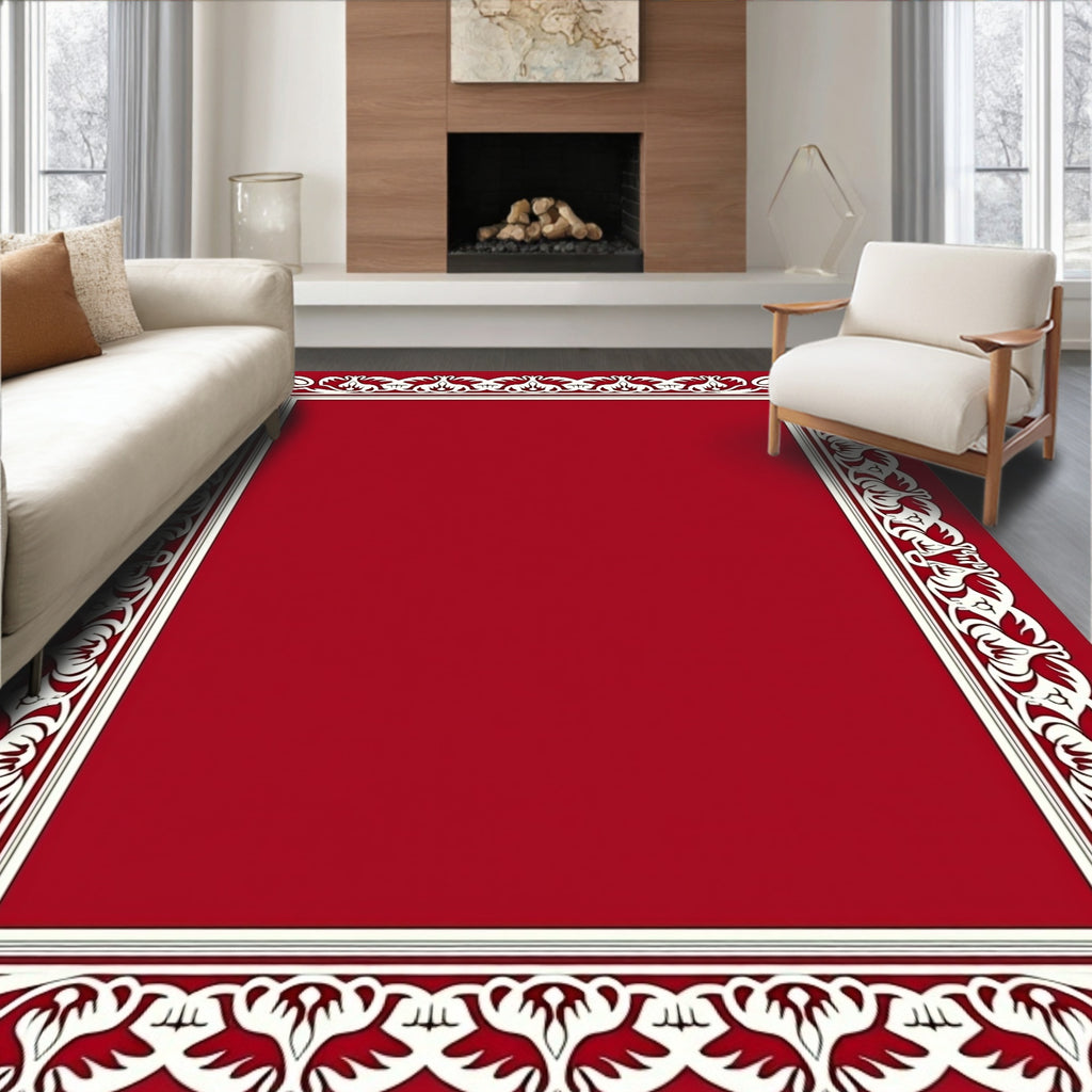Classic Ornate Floral Border Red Rug
