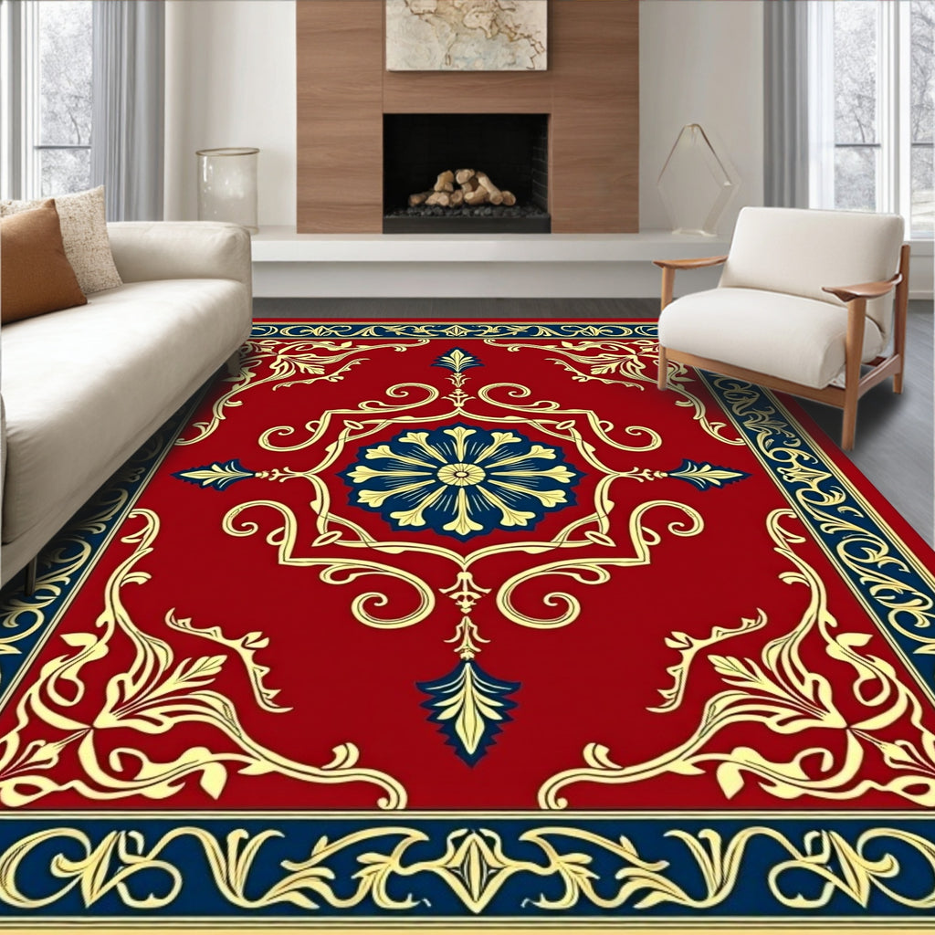 Classic Red Blue Gold Floral Medallion Rug