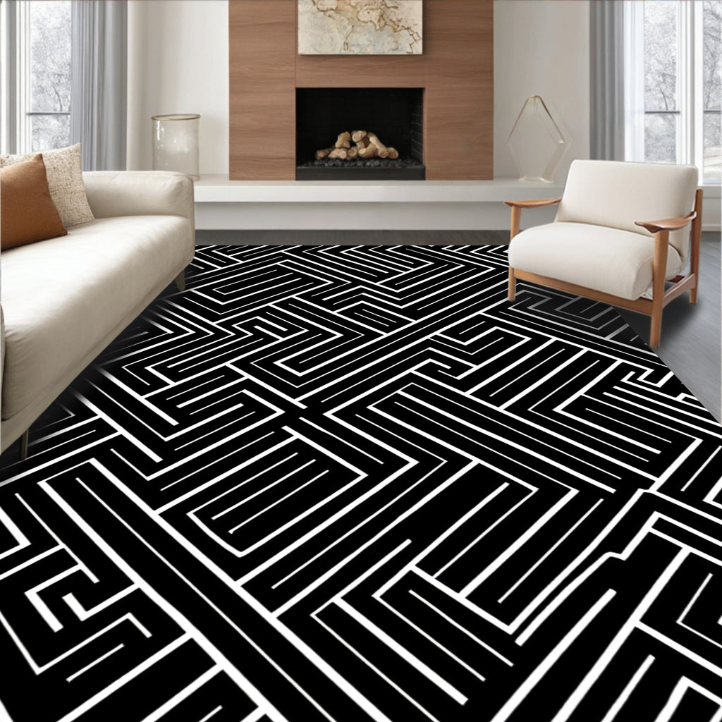Bold Black White Geometric Maze Design Rug