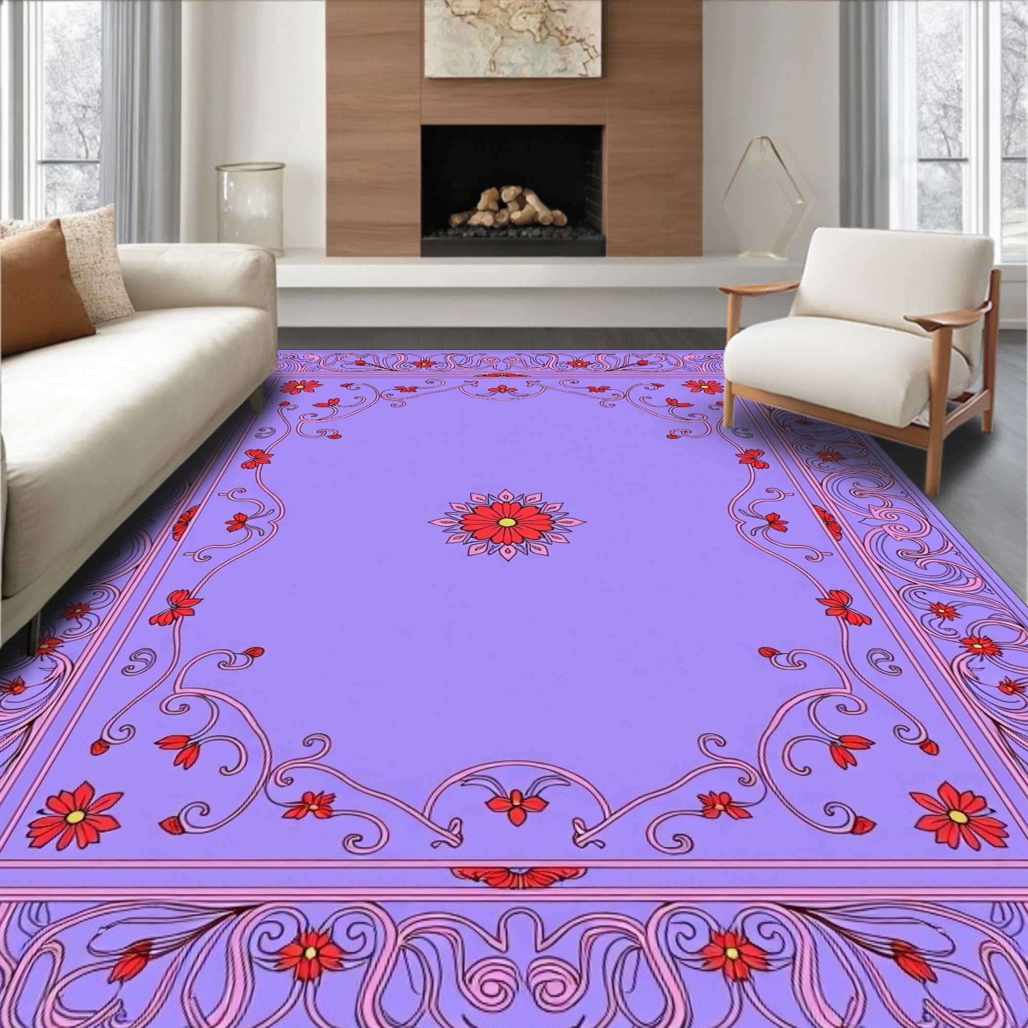 Floral Vine Mandala With Purple Accents Rug