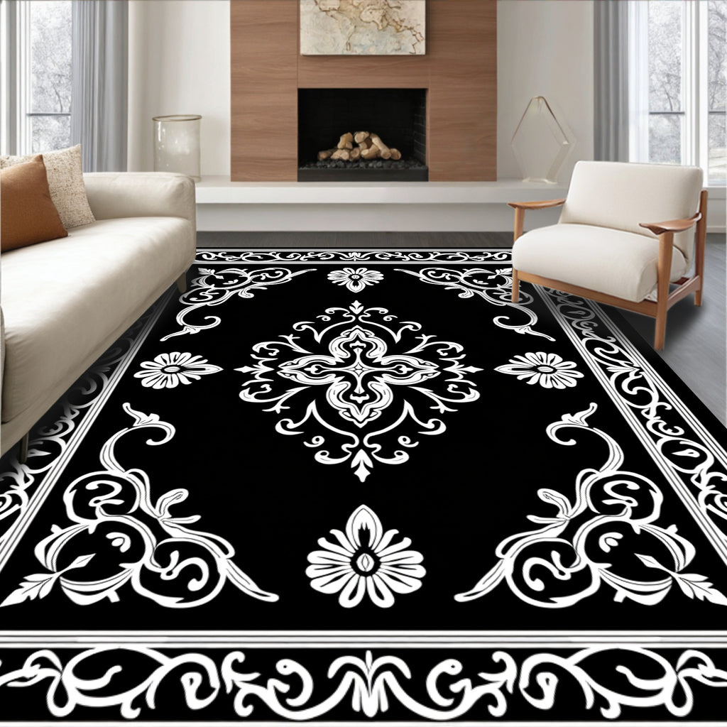 Ornate Black White Floral Scroll Rug