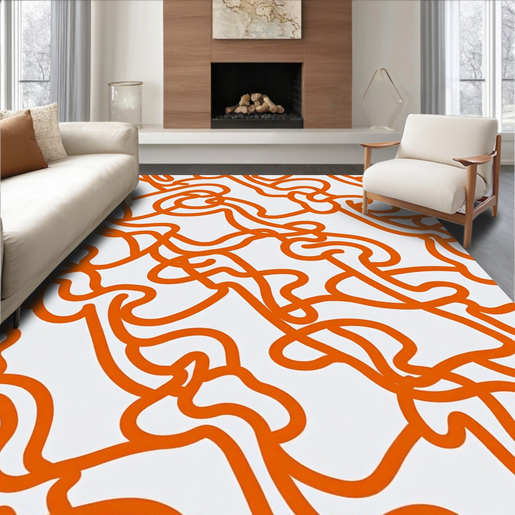 Abstract Orange Line Swirl Pattern Rug