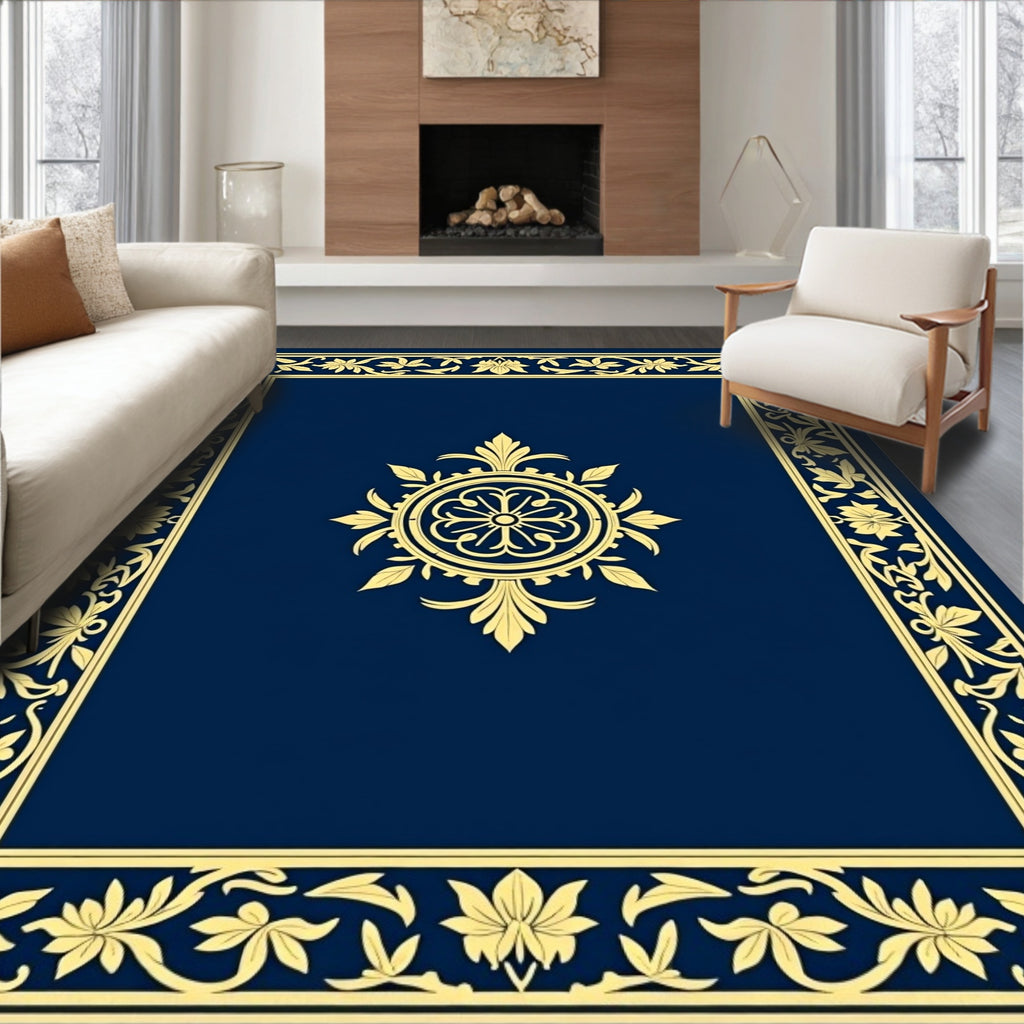 Elegant Blue Gold Floral Border Rug