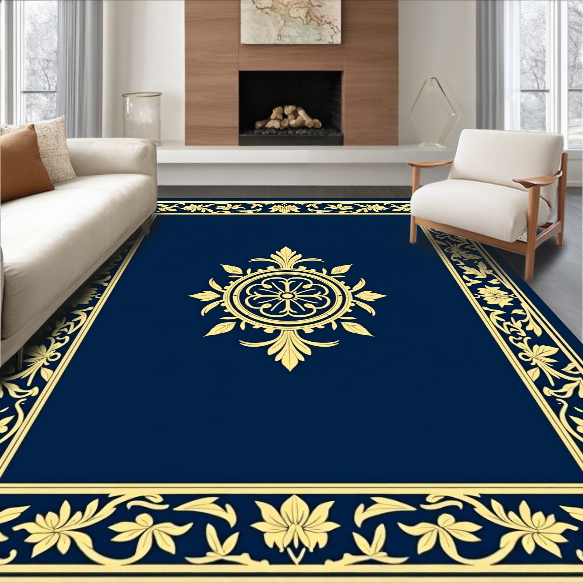 Elegant Blue Gold Floral Border Rug