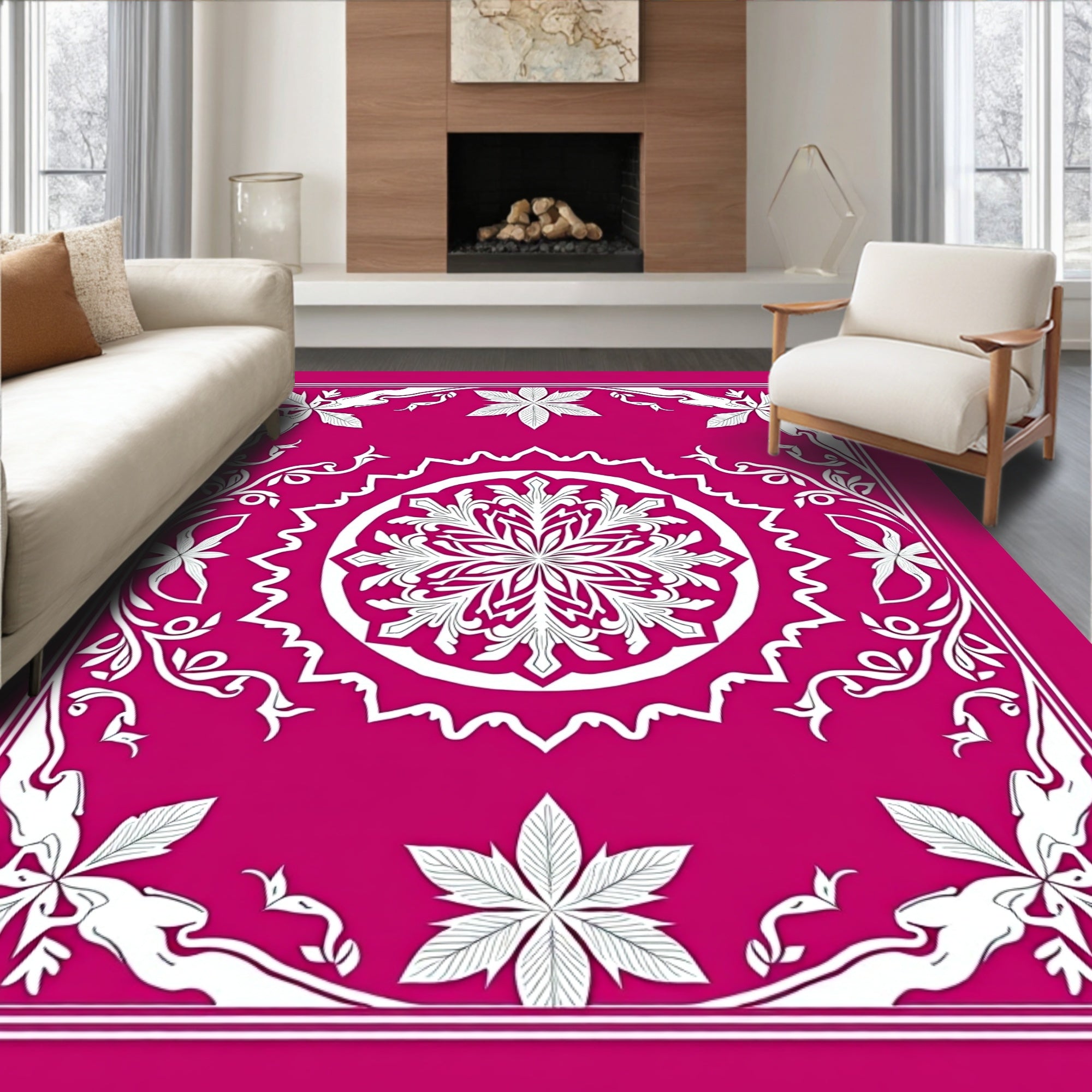Fuchsia Floral Medallion Border Rug