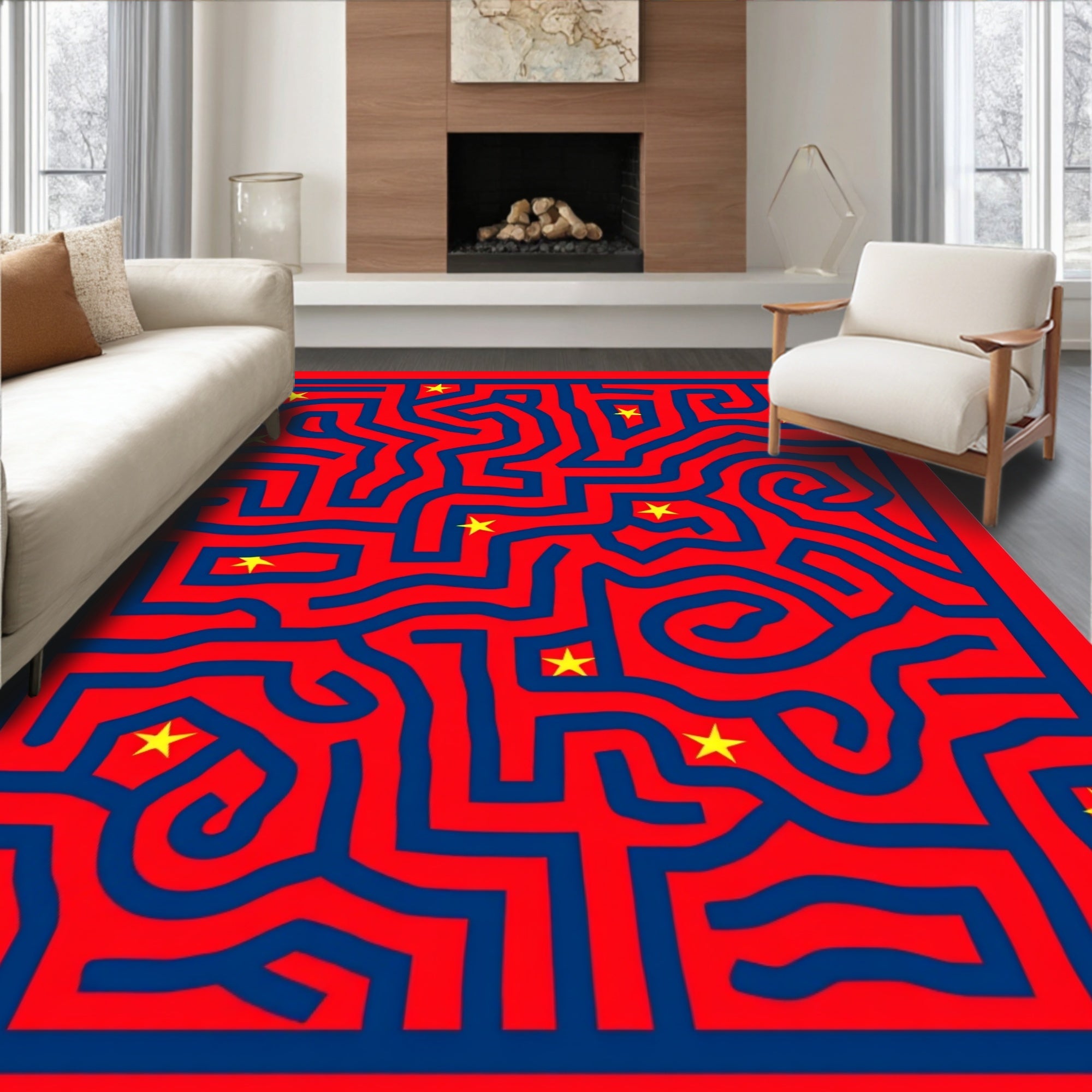 Red Blue Maze With Yellow Stars Rug