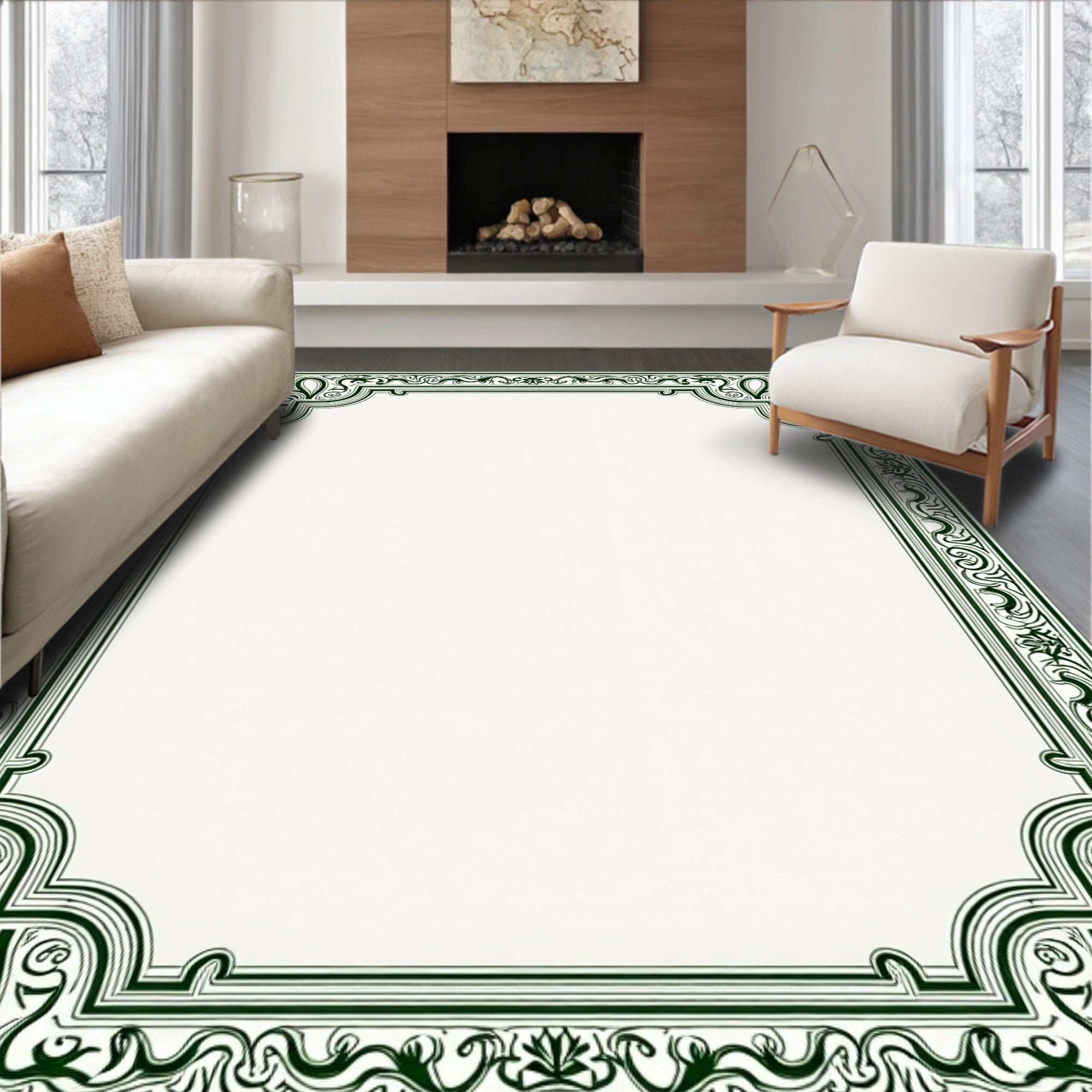 Ornate Green Floral Border Design Rug