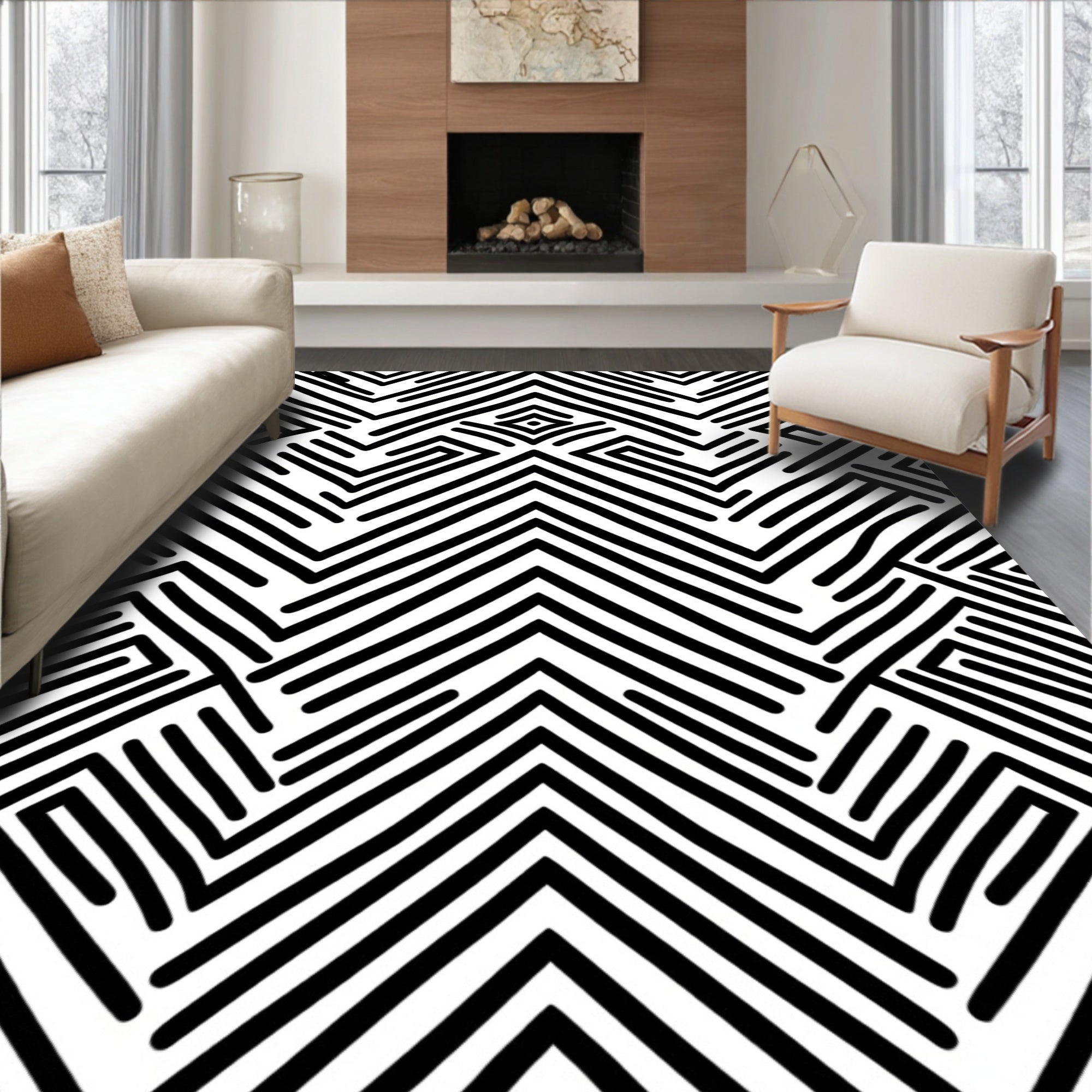 Abstract Black White Zigzag Maze Pattern Rug