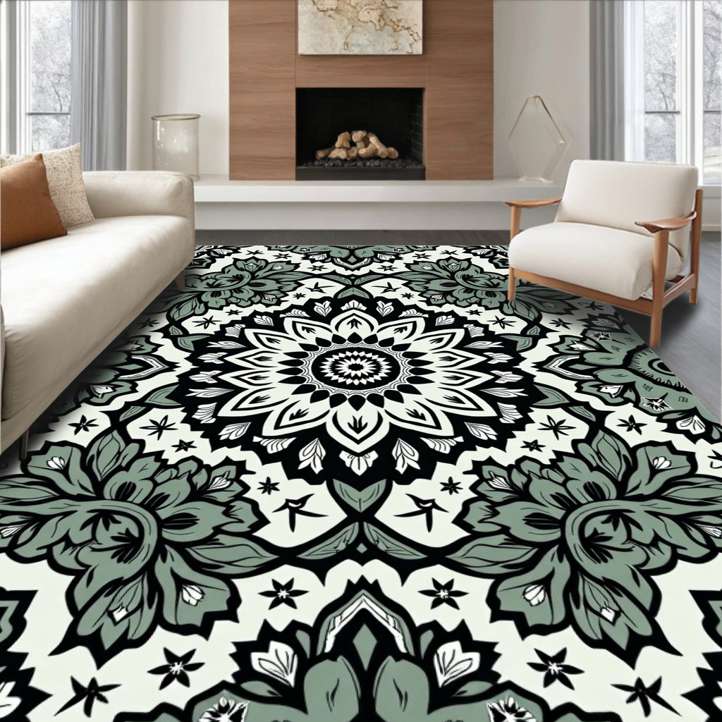 Monochrome Floral Mandala Pattern Rug