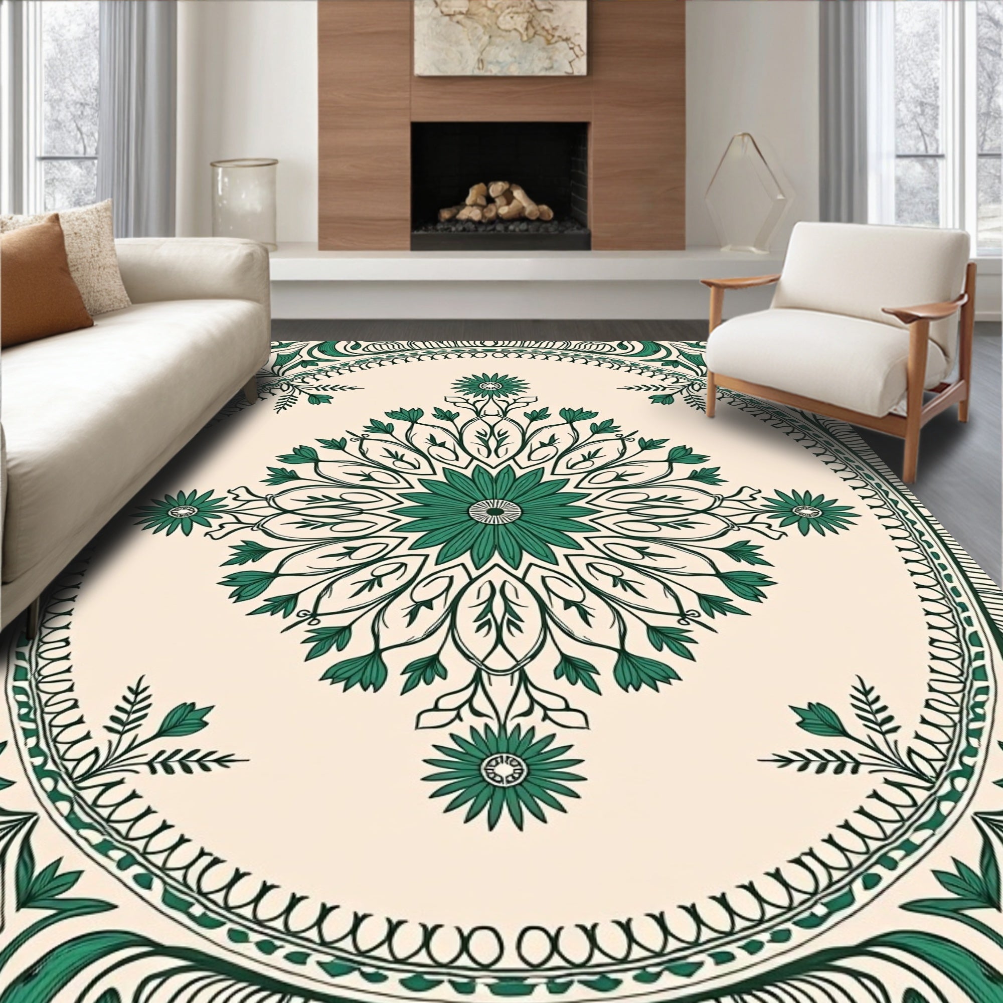Green Floral Mandala With Vine Border Rug